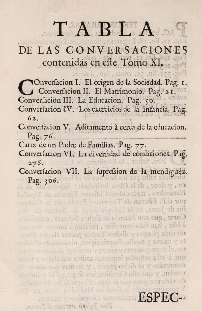 TABEA DE LAS CÓNVERS AeiONES contenidas en eííe Toüío XÉ '? •! T?. COnverfacion I. El origen de la Sociedad. Pag. i. Converfaeion II. El Matrimonio/ Pag/a i. Converfación III. La Educación. Pag. ^50. í , ' ‘ Converfaeion IV. Los exerciciós de lá ¡infancia^ Pag. 62. Converfaeion V. Aditamento á cerca de la educación. Pag. 7(3. _ _ . Carta de un Padre de.Fatnilia's. Tag. 77. Converfaeion VI. La diverfidad de cóndiclones. Pag. xj6, > : Converfaeion VIL La fuprefsion de la^ mendiguéi. Pag. iq6. \ V ' ^ ^ ->' í- t r - > * r ^ J -i -V,/ . ? UO - 'Jilo ^ J r- J < ■ í, ). ' o: ■„