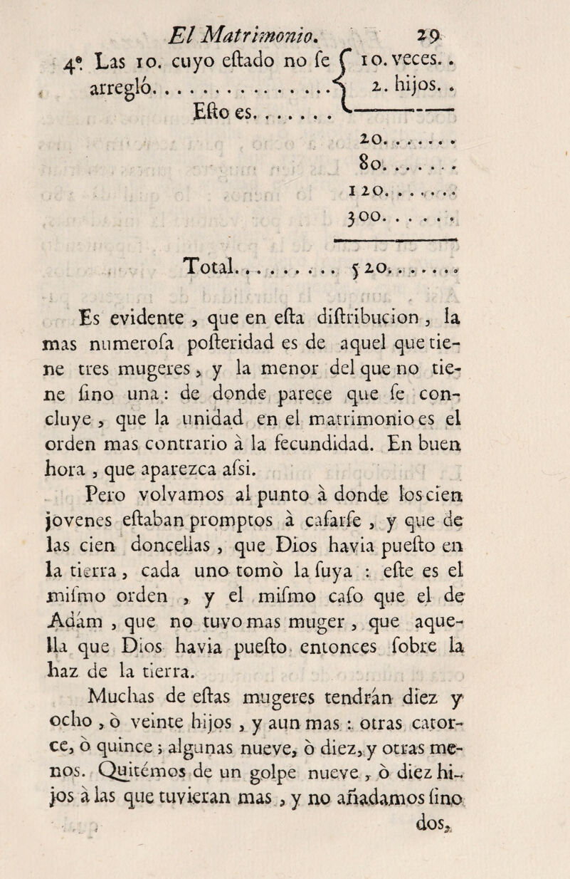 4®. Las 10. cuyo eftado no fe C 10. veces.. arreglo.hijos. . Efto es.. . ^——- ^ O # ■ • * • • • •! 300.. 'A • B> ' • ... *, *. oral .'*» • ... . ... s a. o^ ».. a í ^ Es evidente , que en efta díftríbucion , la mas numerofa poíteridad es de aquel que tie¬ ne tres mugeres, y la menor del que no tie¬ ne fino una; de donde^ parece que fe con¬ cluye > que la unidad^ en el matnmonioes el orden mas contrario á la fecundidad. En buen hora 3 que aparezca afsi. Pero volvamos al punto a donde los cíen jovenes eñaban promptos á cafarfe , y que de las cien doncellas, que Dios havia pueño en la tierra, cada uno tomo la fuya : ^eñe es el mifmo orden , y el mifmo cafo que el de Adám 3 que no tuvo mas mtiger 3 que aque¬ lla que Dios havia puedo* entonces fobre la haz de la tierra. Muchas de eftas mugeres tendrán diez y ocho 3 ó veinte hijos , y aun mas otras cator- CC3 ó quince j algunas nueve, ó diez3 y otras me¬ nos. Quitemos de un golpe nueve, ó diezhL )os á las que tuvieran mas. , y no añadamos fino dos,,