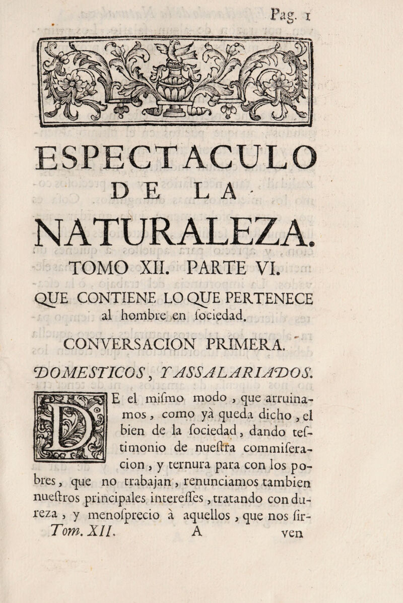 DE LA NATURALEZA. a» TOMO XII. PARTE VI. QUE CONTIENE LO QUE PERTENECE al hombre en íociedad. CONVERSACION PRIMERA. ' ‘DOMESTICO8, TASSALARIADOS. E el mifmo modo , que arruina¬ mos , como ya queda dicho , el bien de la íociedad, dando tef- timonio de nueftfa commifera- cion , y ternura para con los po¬ bres , que no trabajan > renunciamos también nueftros principales intereíTes, tratando con du¬ reza 3 y menofprecio á aquellos, que nos íir- Tom.XlL A ven