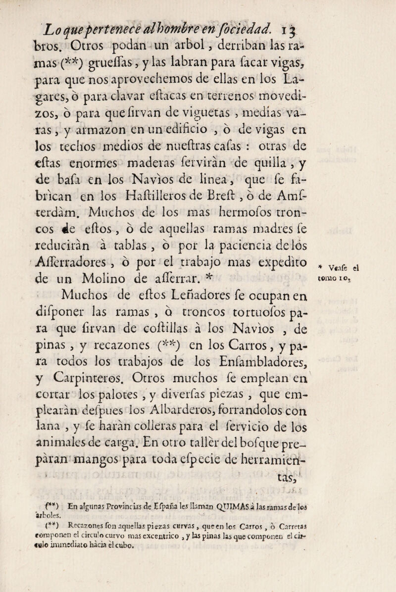 tros. Otros podan un árbol , derriban las ra¬ mas^**) grueífas, y las labran para Tacar vigas* para que nos aprovechemos de ellas en los La¬ gares, ó para clavar eílacas en terrenos movedi¬ zos, ó para quelirvan de viguetas , medías va^ ras, y armazón en un edificio , o de vigas en los techos medios do nueílras cafas : otras de citas enormes maderas ferviran de quilla , y de baía en los Navios de linea, que fe fa¬ brican en los Haílilleros de Breft , ó de Amf- terdám. Muchos de los mas hermofos tron¬ cos de eílos, ó de aquellas ramas madres fe reducirán á tablas, ó por la paciencia de los AlTerradores , ó por el trabajo mas expedito de un Molino de afierran * Muchos de eílos Leñadores fe ocupan en difponer las ramas , q troncos tortuofos pa¬ ra que íirvan de coítillas á los Navios , de pinas , y recazones (**) en los Carros, y pa¬ ra todos los trabajos de los Enfambladores, y Carpinteros. Otros muchos fe emplean en cortar los palotes , y diverfas piezas , que em¬ plearán defpues los Albarderos, forrándolos con lana , y fe harán colleras para el férvido de los animales de carga. En otro taller del bofque pre¬ paran- mangos para toda efpecie de herramictí- 4 tas, ... /. • • . U&i {**) En algunas Provincias de Efpaña les llaman QtJIMASi las ramas dé los arboles. (**) Recazones fon aquellas piezas curvas, queen los Carros, o Carretas componen el circu’o curvo mas excéntrico , y las pinas las que componen el cir¬ culo immediate hacia él cubo.