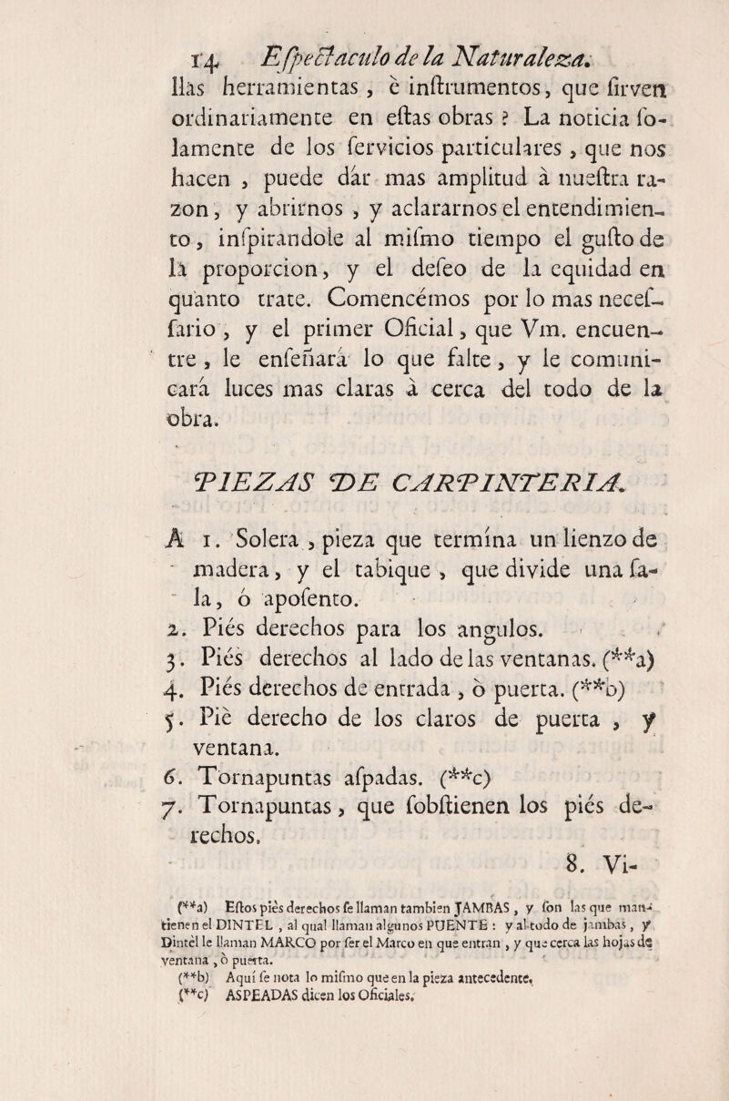 li^s herramientas, é inñriimentos, que íirven ordinariamente en eftas obras ? La noticia fo- lamente de los férvidos particulares, que nos hacen , puede dar mas amplitud a nueftra ra¬ zón, y abrirnos , y aclararnos el entendimien¬ to , infpirandole al mifmo tiempo el güilo de la proporción, y el defeo de la equidad en quánto trate. Comencémos por lo mas neceC- fario , y el primer Oficial, que Vm. encuen¬ tre , le enfeñara lo que falte, y le comuni¬ cara luces mas claras á cerca del todo de la obra. ElEZAS T>E CARPINTERIA. K I. Solera 3 pieza que termina un lienzo de ■ madera, y el tabique > que divide una fa- “ la, ó apofento. а. Piés derechos para los ángulos. ' 5. Pies derechos al lado délas ventanas, (^^a) 4. Piés derechos de entrada , ó puerta, (^^b) 5. Pié derecho de los claros de puerta , y ventana. б. Tornapuntas afpadas. (^^c) 7. Tornapuntas, que fobftienen los piés de¬ rechos. 8. Vi- (^*3) Eflos pies derechos fe llaman también JAMBAS , y fon lasque man-*' tienen el DINTEL , al qual llaman algunos PUENTE : y al-todo de jambas, y Dintel le llaman MARCO por íer el Marco en que entran , y que cerca las hojas dc ventana , b pueita. * Aquí fe nota lo mifmo que en la pieza antecedente. ASPEADAS dicen los Oficiales,