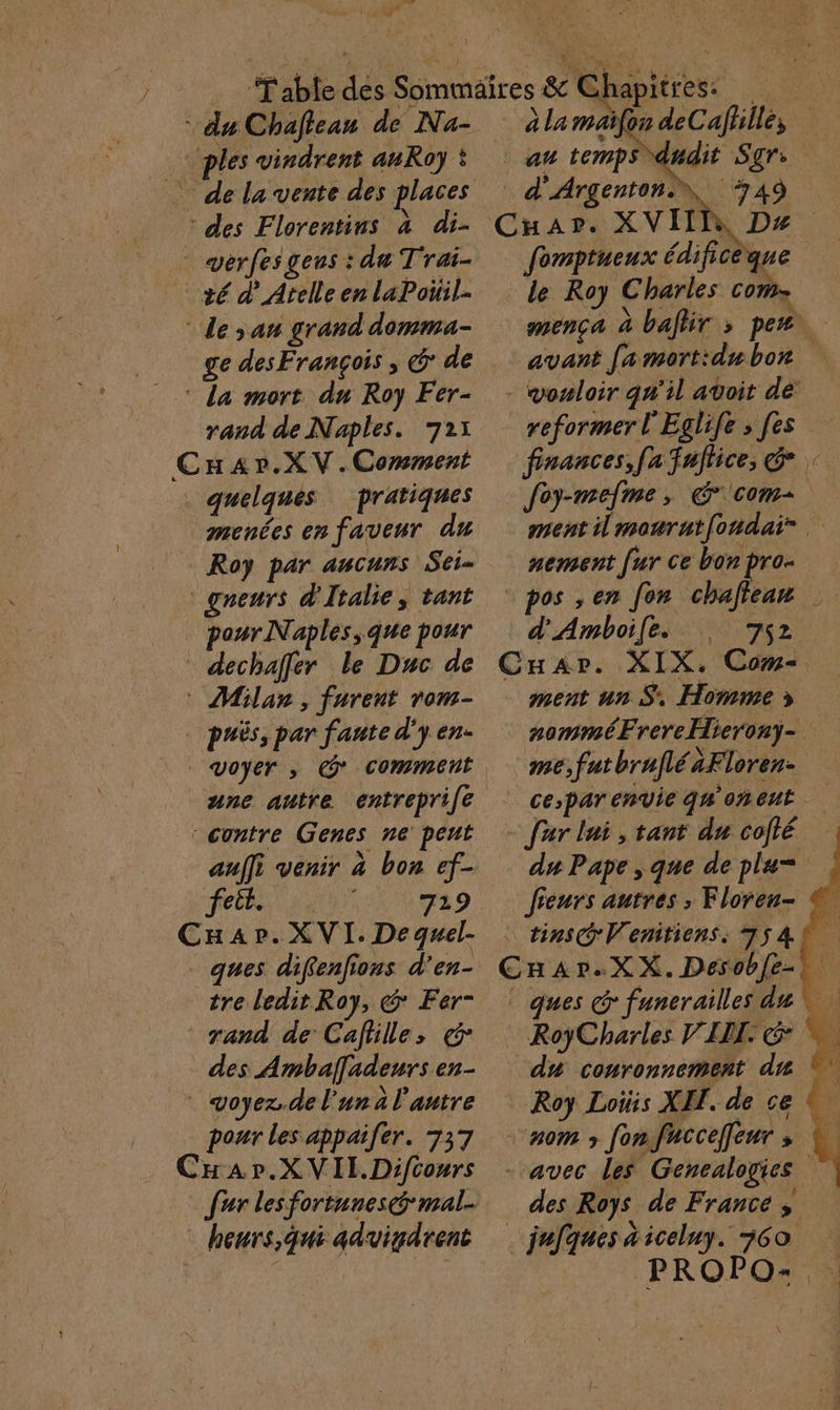 E Er y” vs ples vindrent auRoy ? ge desFrançois , &amp; de rand de Naples. 721 quelques pratiques menées en faveur du Roy par aucuns Sei- pour Naples, que pour auffi venir à bon ef- fett. 729 ques diffenfions d’en- tre ledit Roy, @* Fer- des Ambafadeurs en- pour les appaifer. 737 fur les fortunes mal. heurs,qui advigdrent Chapitres: bn deCafillé, | alama fomptueux édificér le Roy Charles com RS CAT: 2 \ mença à baflir ; pen avant famort:du bon finances, fa fuflice, foy-mefme, G'com+ ment il maurutfondai- nement [ur ce bon pro- d'Amboife. 752 ment un S. Homme » nomméFrereHieronÿ- me,futhrufléaFloren- cespar envie qu'oment du Pape , que de pla= fieurs autres ; Floren- RoyCharles VIH di conronnement du Roy Loïis XI . de ce des Roys de France, ROPO: