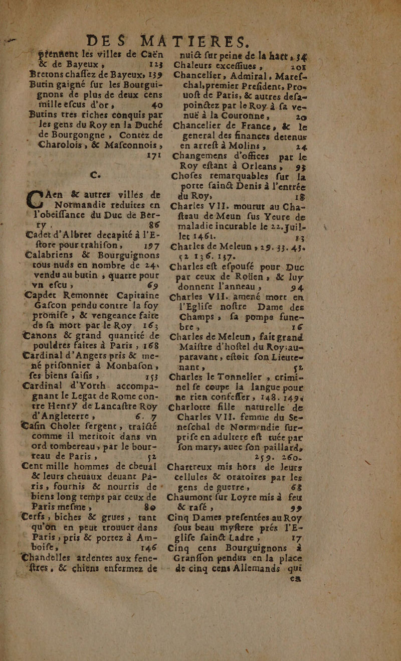 era - & de Bayeux; VAE: Bretons chaflez de Bayeux, 139 Butin gaigné fur les Bourgui- gnons de plus de deux Cens mille efcus d'or, 40 Butins tres riches conquis par - les gens du Roy en ia Buché de Bourgongne , Contèz de * Charolois, & Mafconnois ; 171 C:. Aen & autres villés de Z Notimandie reduites en * l'obeiffance du Duc de Ber- à à 86 Cadet d’Albret decapité à l'E- ftore pour trahifon, 197 Calabriens & Bourguignons tous nuds en nombre de 241 vendu au butin ; quatre pour van efcus; 69 Capder Remonner Capitaine * Gafcon pendu contre la foy ” promife , & vengeance faite de fa mort par le Roy, 163; Œanons & grand quantité de pouldres faires à Paris ;, 168 Cardinal d'Angers pris & me- n£ prifonnier à Monbafon, fes biens faifis ; 153 Cardinal d'Yorch. accompa- * gnant le Legat de Rome con- tre HentY de Lancaftre Roy d'Angleterre ; 6. 7 Cafin Cholet fergent, trai@é comme il mericoit dans vn - ord tombereau, par le bour- _ Treau de Paris, 52 Cent mille hommes de cheuäl & leurs cheuaux deuant Pa- ris, fournis & nourtis de biens long ternps par ceux de Paris mefme , 80 Cerfs, biches & grues, tant qu'ôn en peur trouuer dans . Paris» pris & portez à Am- \ boife, ? 146 Chandelles ‘ardentes aux fene- res, & chiens enfermez de Chaleurs excefliues , 208 Chancelier, Admiral, Maref- chal,premier Prefident, Pros uoft de Paris, & autres defa= poinétez pat le Roy à fa ve- nuë à la Couronne, 20 Chancelier de France, & le = gencral des finances detenus en arreft à Molins, 24 Changemens d’offices par le Roy eftant à Orleans, 93 Chofes remarquables fur la porte fainé&t Denis à l'entrée du Roy; 18 Charles VII. mourut au Cha- fteau de Meun fus Yeure de maladie incurable le 22, fuil- let 1461. Charles de Meleun ;, 29.33. 43 52 136.137 ñ Charles eft efpoufé pour. Duc par ceux de Roïen, & luy donnent l'anneau, 94 Charles VII. amené mort en l'Eglife noftre Dame des Champs ; fa pompe fune- bre, 16 Charles de Meleun, fait grand Maitre d'hoftel du Roy;au= paravant, eftoic fon Lieute= nant; s2 Charles le Tonnelier » crimi- helfe coupe la langue pour ne rien confcfler , 148. 149% Charlotte fille naturelle de Charles VII. femme du Se- nefchal de Normendie fur- prife en adultere eft euée par fon mary; auec fon paillard, 2$9. 260. Chartreux mis hors de Jeurs cellules & oratoires par les * gens de guerre, 68 Chaumont {ur Loyre mis à few & rafé » 953 Cinq Dames prefentées au Roy fous beau myftere prés l'E- glife fain@& Ladre , 17 Cinq cens Bourguignons à Granflon pendus ‘en la place -- de cinq cens Allemands qui ca