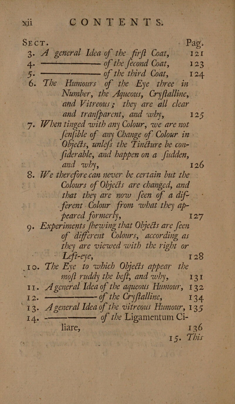 Gr RE eNOS xi SECT. - Pag, 3.4 general Idea of the firft Coat, 121 4. of the fecond Coat, 123. BG: : — of the third Coat, 12 6. The Humours of the Eye shee in Number, the Aqueous, Cryftalline, - and Vitreous; they are all clear and tranfparent, and why, 125 » When tinged with any Colour, we are not fenfible of any Change of Colour in _ Objeds, unlefs the Tindture be con- fiderable, and happen on a _fudden, and why, 126 Colours of Objects are changed, and that they are now feen of a dif- ferent Colour from what they ap- peared formerly, L277 of di iffer ent Colours, according as they are viewed with te right or Lefi-eye, 128 moft ruddy the beft, and why, © 131 - of the Cryfialline, = 13.4 Ms of the Ligamentum Ci- liare, | Ses