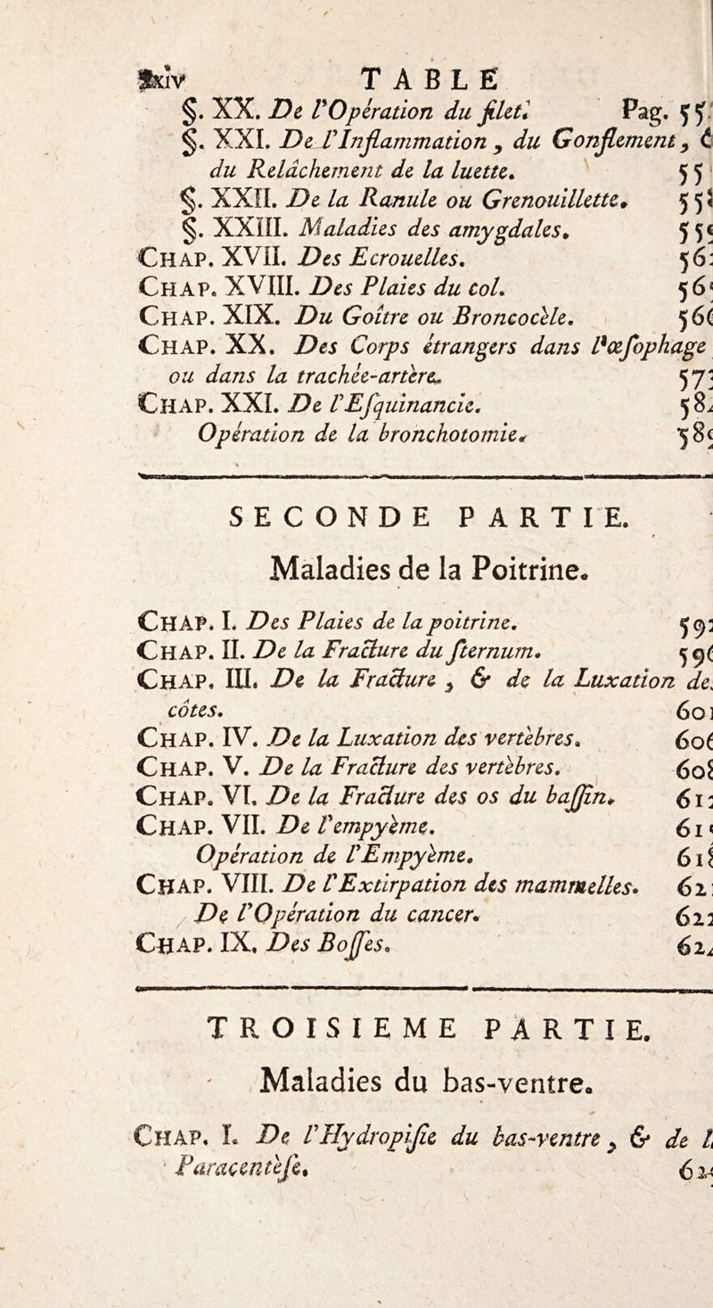 §. XX. De VOpération du filet* Pag. 5 ÿ XXL De ïInflammation , Gonflement > t du Relâchement de la luette. XXII. 4z Ranule ou Grenouillette. XXIII. Maladies des amygdales. Ch AP. XVII. Z><?5 Ecrouelles. Chap. XVIII. Plaies du toL Ch AP. XIX. Du Goitre ou Broncocèle. Chap. XX. Des Corps étrangers dans Pœfophage ou dans la trachée-artère, 57] Cl-IAP. XXL De VEfquinancie. 5^ Opération de la bronchotomie 55 55* 55« 56: 56! SECONDE PARTIE. Maladies de la Poitrine. CHAP. I* Plaies de la poitrine. Chap. IL De la Fracture du fternum. Chap. IIL la Fracture 3 G de la Luxation de. cotes. Chap. IV. 4z Luxation des vertèbres. Chap. V. 4z Fracture des vertèbres. Chap. VL Z?e 4? Fracture des os du bajfln* Chap. VIL Vempyème. Opération de VEmpyème. Chap. VIII. De VExtirpation des mammelles* De P Opération du cancer. Chap. IX, Des BoJJes. 603 6oé 60$ 6ïs 61 < 6ii 61 611 62* «V TROISIEME PARTIE. Maladies du bas-ventre. » J»» Chap. L Vllydropifle du bas-ventre > &amp; de • Paraçentèfc. é