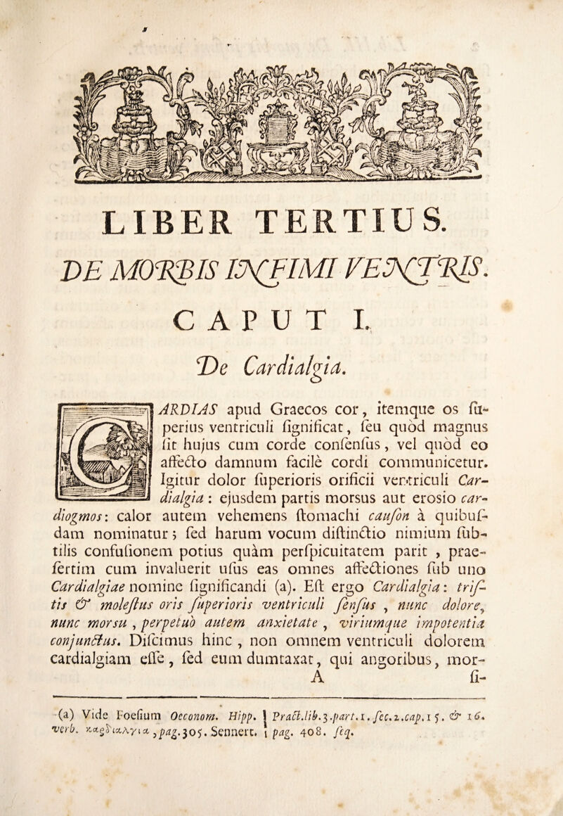 LIBER TERTIUS. VE MOTABIS INFIMI FEVCfElS. CAPUT L ^De Cardialgia. ARDIJS apud Graecos cor, itemque os fu- perius ventriculi fignificat, leu quod magnus iit hujus cum corde conienius, vel quod eo adedo damnum facile cordi communicetur. Igitur dolor luperioris orificii ventriculi Car¬ dialgia : ejusdem partis morsus aut erosio car¬ di ogm os : calor autem vehemens ftomachi caufon a quibul- dam nominatur; fed harum vocum diftindio nimium Lib¬ rilis confufionem potius quam perfpicuitatem parit , prae- fertim cum invaluerit ufus eas omnes aftediones fub uno Cardialgiae nomine fignificandi (a). Eft ergo Cardialgia: trif- tis & molejlus oris fuperioris ventriculi fenfus , nunc dolore, nunc morsu , perpetuo autem anxietate , viriumque impotentia conjunctus. Difcimus hinc , non omnem ventriculi dolorem cardialgiam effe, fed eum dumtaxat, qui angoribus, mor- A fi¬ da) Vide t-oefium Occonom. Hipp.XpraclM.i.part.i.fcc.z.cap.ij.&iG.