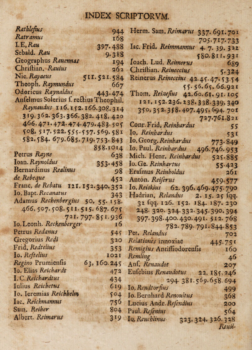 Ratllefius Rat ramus I. E, Rau Sebald. Rau Geographus Rauennas Chriftian, Rauius 944 168 397- 488 9*388 194 262 Nie. Rayaeus 511. 52 1.584 Theoph. Raymundus 667 Odoricus Raynaldus 443.474 Anfeimus Solerius f. reflkius TheophiL Raynaudus 116.152.166.308* 314 3 19' 3 62* 363♦ 366.382. 418« 420 466.471* 472* 474* 479.483-50f 7°8, 5i7*522.S55-757.569.58i 582,584- 679.685,7x9*753. 843 858.1014 Petrus Rayne 638 Iban. Raynoldus 353*458 Rernardinus Realinus 98 de Rebeque 452 Erane, de Rebatu 121,152.340.352 Io. Bapt. Recanatus 243 Adamus Recbenbcrghis 50, 55. 15$. 466, 507.508. 511-515. 687. 675 721. 797. 85 1,936 Io. Leonh. Rcckenherger x 6 Petrus Redanus 547 Gregorius Redi 320 Fridi. Redtelius 353 Io. Reftelius 1021 Regino Prumienfls 63* 160.245 Io. Elias Reichardt 472 l.C. Reichardtus 434 Julius Reichetus 619 Io* Ieremias Reichhehn 504 lac* Reichmannus 756 Sam. Reiher 804 Albert. Reimarus 319 Herm. Sam.Reimmis 337,691.701. 705.7x7.733 lac. Frid* Reimmannus 4. 7. 39* 322 f 80.8 e !♦ 93r loach. Lud. Reimerus 639 Chriftian. Reineccius 5* 324 Reinerus Reineccius 42.45.47*53.54 57* 56*65, 66.925 Thom* Reinejtus 42.60.61*91.105 121* 152.236*238*338.339,340 3 7°* 35 3 f 8* 407.49 7* 694. 701 727*761.821 Conr. F rid * Remhardus 5 5 Io. Reinhardus 531 lo.Geotg.Reinhardus 773-849 Io. Paul. Reinh ardus 496.746,953 Mich. Henr. Reinhardus 525.88S Io. Ge. Reinh artus 55.423 Erafmus Reinholdus 261 Anton. Reiferus 459.577 Io. Reiskius 62. 396* 469.475.790 Hadrian, Relandus 2. 15. 25 fqq. 31 fqq. 126. 152. 184. 187, 230 248- 320. 324-332. 345-390.394 397-398-4°°-430-49l- 5X2. 768 782. 789« 791,844-853 Pet* Relandus 702 Relationes innoxiae 445,751 Rcmigius Antiffiodorenfis x6o Remling 46 Anf. Rcnaudot 20 7 Eufeb ius Renaudotus 22. X 8 5. 246 294. 381.569.658. 694 Io* Rendtorfius 499 Io. Bernhard Renoultus 368 Lucius Andr.Rejhidius 200 Paul. Refenius 564 Iq.Reuchlims 323* 324» 326.328 llcuil-