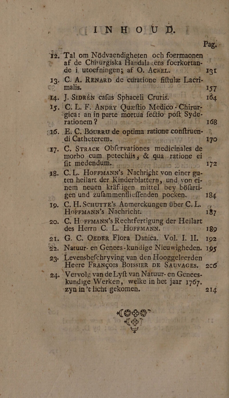 IJN Wo U D. Î, al om Nödvaendigheten och foermaonen - de i, utoefningen; af O. Acker. 13. C. A. RENARD de eurarione fiftolze Lacri- oc: __malis. a4. J. SiprÉN cafus Sphaceli Cruris.” Is. CL. F. Anpry Queftio Medico “ Chirur- — ‘gica: an ín paté mörcud fectio pol Syde- rationem ? 16. EC. Bóurru de optima ratione conftrucn- di Catheterem. Ten 17. C. STRACK Obfervationes siens de morbo cum. pehochias &amp; qua, ratione ei fit medendum.…. 157 ten heilart der. Kinderblattern „und, von ei- nem neuen kräfiigen mittel bey böfarci- gen und zufammenflieffenden pocken. … io. C, H. ScuurrE’s Aomerckungen über C. L. HorFMANN’ s Nachricht: zo. C. HorrMANN’s Rechefertigung der Hilart des Herrn C, L. HorFFMANN. oi. G. C. Oever Flora Danica. Vol. I. 1I. 82, Naruur- en Genees-kundige Nieuwigheden. 23. ‘Levensbeft chryving van den Hooggeleerden Heere FraNgors BorssieR DE SAUVAGEsS. 24. Vervolg vande Lyft van Natuur- en Genees- kundige Werken, welke in het jaar 1767. zyn in’ licht gekomen. EC A ng MD, Ce 26 214