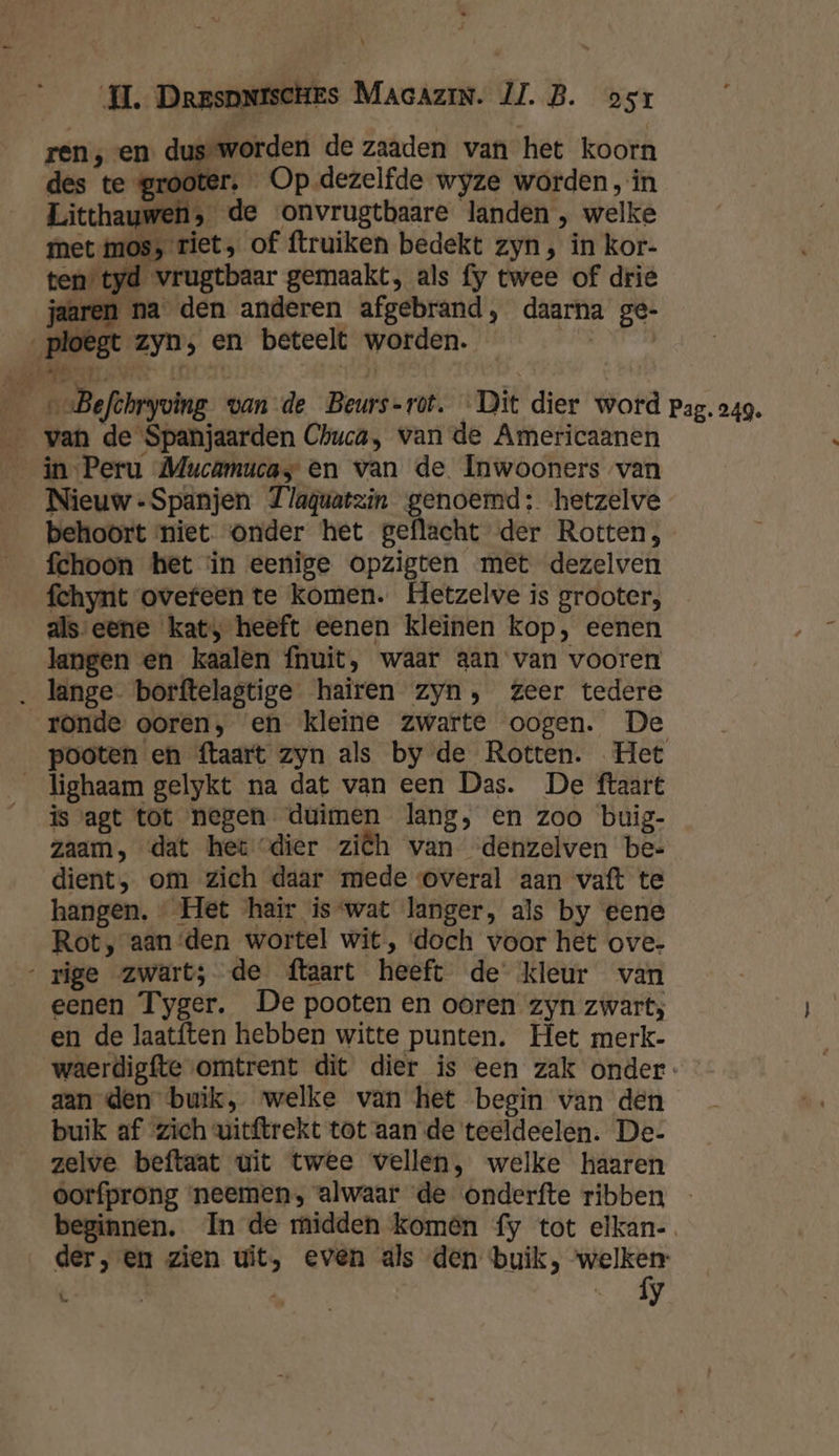 ren; en: dussworden de zaaden van het koorn des te grooter, Op dezelfde wyze worden, in Litthauwen, de onvrugtbaare landen , welke met mos, riet, of ftruiken bedekt zyn, in kor- ten tyd vrugtbaar gemaakt, als fy twee of drie jaaren na den anderen afgebrand, daarna ge- „ploegt zyn, en beteelt worden. PROM Hie 6 „Befchryving van de Beurs-rot. Dit dier word pag. 249. __ van de Spanjaarden Chuca, van de Americaanen _ in Peru Mucamucay en van de. Inwooners van Nieuw -Spanjen Tlagquatzin genoemd: ‘hetzelve behoort miet onder het geflacht der Rotten, fchoon het in eenige opzigten met dezelven fchynt ovefeen te komen. Hetzelve is grooter, als eene kat, heeft eenen kleinen kop, eenen langen en kaalen {nuit, waar aan van vooren ‚ lange borftelagtige hairen zyn, zeer tedere rönde ooren, en kleine zwarte oogen. De pooten en ftaart zyn als by de Rotten. Het _lighaam gelykt na dat van een Das. De ftaart is agt tot negen duimen lang, en zoo buig- zaam, dat hee “dier ziëh van -denzelven be- dient, om zich daar mede overal aan vaft te hangen. Het hair iswat langer, als by eene Rot, aan‘den wortel wit, doch voor het ove- „rige zwart; de ftaart heeft de kleur van eenen Tyger. De pooten en ooren zyn zwart; en de laatften hebben witte punten. Het merk- waerdigfte omtrent dit dier is een zak onder. aan den buik, welke van het begin van den buik af zich wuitftrekt tot aan de teeldeelen. De- zelve beftaat uit twee vellen, welke haaren oorfprong neemen, alwaar de onderfte ribben beginnen. In de midden komên fy tot elkan-. der, en zien uit, even als den buik, ‘welken