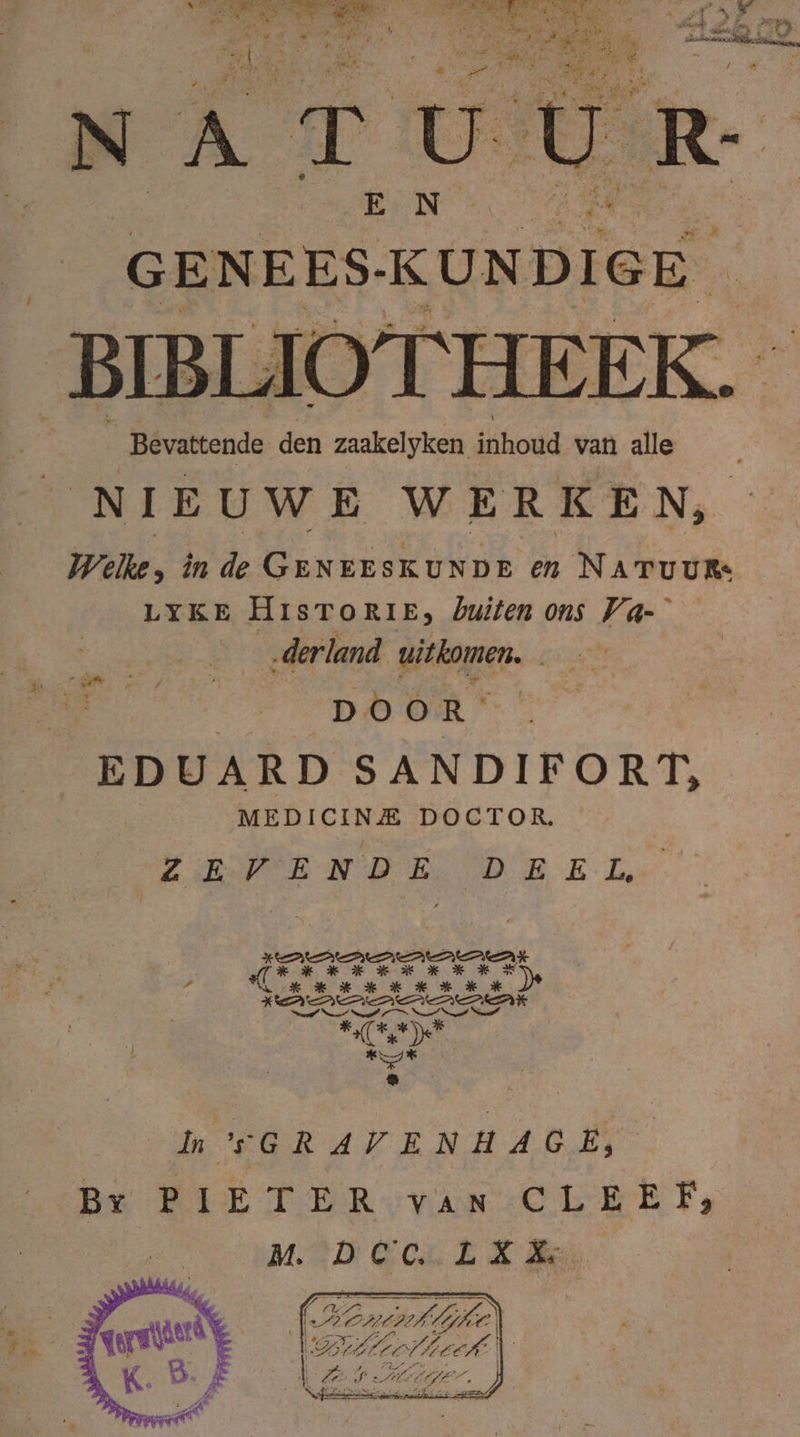 GENEES-KUNDIGE BIB IOT HEEK. _Bevattende den zaakelyken houd van alle NIEUWE WERKEN, Wilke, inde GENEESKUNDE en NATuum: LYKE HrisToRIE, buiten ons Va- „derland uitkomen, DOOR” EDUARD SANDIFORT, MEDICINE DOCTOR. ZEVENDE DEEL, hEGRAVENHACH Br PIETER van CLEE EF, MAD COLE Ke | Sordi) | A ed KZ L At GEL