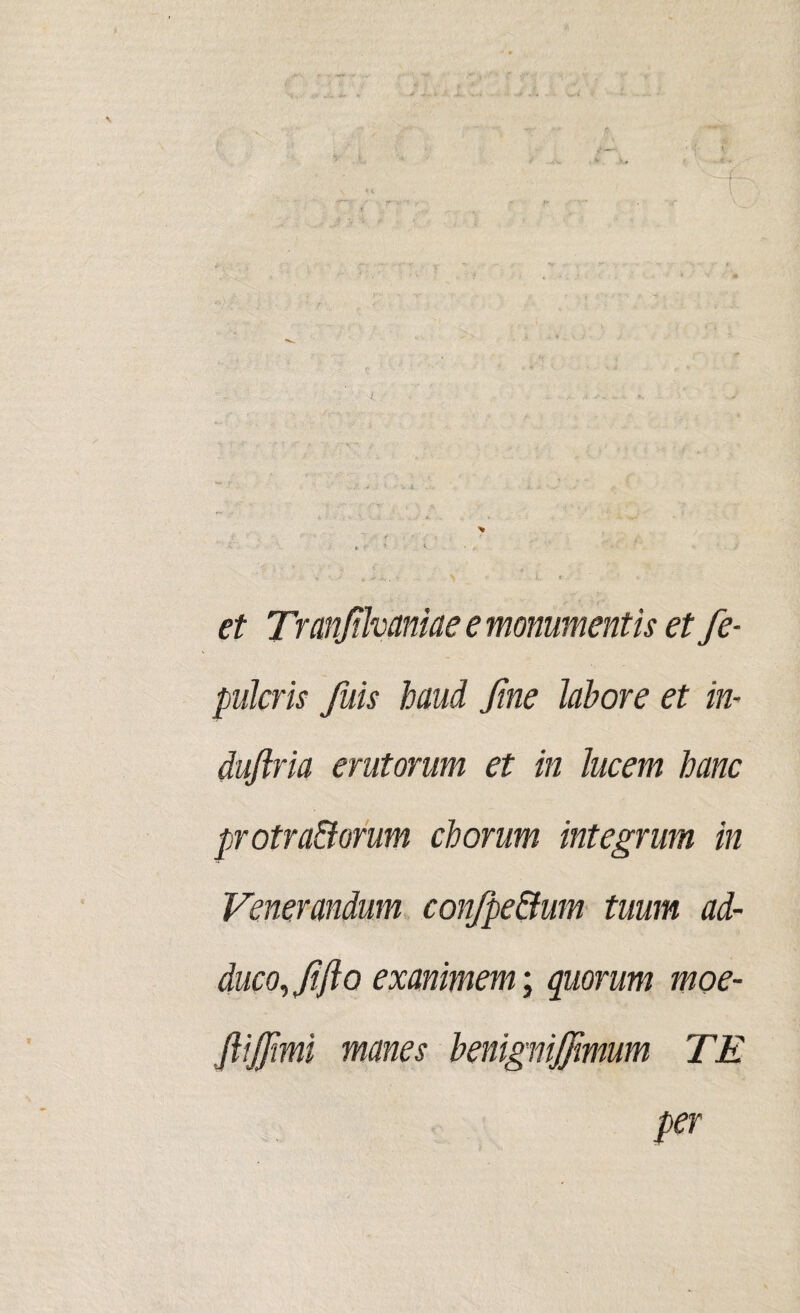 et Trmjihaniae e monumentis et fe- pulcris fuis haud Jine labore et in- dujlria erutorum et in lucem hanc protradorum chorum integrum in Venerandum confpe&um tuum ad¬ duco, Jifto exanimem; quorum moe- JliJJimi manes benigniffimum TE per