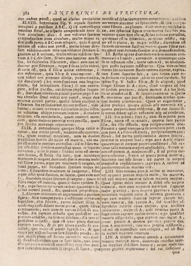 nm cadere f oteft, quod ut clarius percipiatur accedit ad fpharicam^arres componf ir 5. q idèi va XLVIII. Supponatur Fig. V. a?quafe fpatium nervorum accedent ad fpha?i icum qua? co:- [ 0- occupari a partibus ABC, QIK cum reliquis nunt Fibram , ad pianura. Curti-vepopsM.es/phari*. omnibus fimul, ac a fpatio comprejienfo ineer il-.ca?, aut- iphaericse figura? proximiores facidus tuo, lum circuì«.«li dico : fi non videatur fpatium veantur quam qua? .plarae,-& hoc rarione contatftus, compre,henfum intra circulum, multo minus vj- qui minor eft in fphaericis, ac minus refiftic, ma» deri poffe partes A B C cum reliqu/s, quia fi quod jor eft in plams , ac magcs refifiit s dicendum eft unicum eft videri non poteft , multo minus divi- fuccum nervorum facilius moveri quatti Fibra? par- fum videbitur,*cum vero non videatur fpatium fid,tes,quod erat fecundofundam nto demonfiraudimi. gnatum ad R unitum, multo minus videbitur fpa-j XI. Refiat igitur dicer dumcertbro motum ccm- tium A B C divifum . Si vero non fumatur una Fi municari a Xquido , nervorum - a quacumque cau- bra, fed fafciculus Fi.brarum , dico ; cum non vi ;fa in refluxum affo , tanta tamcii vi , ut quafcum- deantur pori Fibrarum , ncque Fibras ipfas videri, que pofiìt iuperare refiftentiss. Qua verorarione ,&ratio eft, quia fi Fibra? unita* viderentur , i ! motus hic nervorum fluido commu nicetur, explica, deo viderentur, quia Fibra? fe contingerent , &rtum ferme fuperius fuit , a quo tamen cum tc- qua? videri non poterant divi, porerunt unita?,: ta fenfuum res pendeat , nirid us enucleandoli). Sir ied duocirculi (h’C enimfumimus non Iongitu- igìturFig. V- Seófe Fibra? ,& fit aliquid , quod dimeni, fed latitudimem Fibra?) fe non contin-1tangat Fibram in Ai dico, illud tangens ad hoc gunt, nifiin pjurdlo, aut faltem phyfice icquen jucfetrfum producat, debere movere Aafuoloco, do , fecundum rniniraam circuii partem.ergo fi to-1 ita ut accedat ad R & fuceus contenrus in fpatio tus circulus fimul videri non potefi , neque dua?:R. moveatur qua poteft, dumoiod© cerebro quo-r minima? circuii partes, quale? folum confpici in que motum ccmmunicet. Qued ut cognofcatur , Fibrarum feu cyiindrorum unione poffunt, vide- debet prefciri quanta debeat efie moventis vis , !>untur ; at cum nervorum fafciculum iniua fedlio- quanta corporis moti refifientia , & cur fuccusil- ne videamus abiette pororum intuitu , dicendum le motus debeat agi in refluxum ufq» ad cerebrum. majerem effe conrinenris, quam contenti mate- LII Proprimoi ParsA, cum fitmmima pars 3 quare majores potenti^ vire.s prò illa , quam’Fibra?, tanta? eft tenuitatis, quanta? funt partes r ’ iìlae, feu illa effluvi a, qtia? perfpirationem con- ftituunt ,* quod vero tanta? fit tenuitatis patet i nam cum pars A a Fibra efi divìfa , perfpirationem con - ftituit , fed partes perfpirationis demto fpiritu nam prò fpiritu movendo reqmruntur XLIX. A compoficìone quoque Fibra? ratio e- ruitur , qua evinci poteft , majorem efie continen. tis , quam concenti m^teriam- nani in duobus tequalibus fpatiis ibi ma jor efi maceria, ubi ma minima in corpore flint,* ergo pars A erit minor jor efi materia? parti uni contadlus > fed in Fibra ma quacumque in corpore potorie confiderai , fub ra - jor eftedebet partium contadlus quam in liquido tione talis texturse corpori appiicabil/s . Verum e- ntrvorum , tn ex fe patet » fluidus enim eft nervo- rum fuccus3 & fluida illa funt, quse (ecundum minimum fe tangunt,dummodofinc in minima mole: vel Vihrx partes, aique per minimum fe cangunt, ac lucci partes, ve! fècundum fpatium majus mi. mino.; fifecundumminimum fe tangerent , Fibra a’que effet quid fluidum. ac fuccus, quod cum non i;c , lecundum majus fpatium fe ungent ; quare in mmefipartem A minimam effe, fi ad partes cor- porib referatur , fi vero ad partes prima? materia, minimam non effe fateor : fed partes in corpore compofuse confideramur; ergo pars A ratione ad partes compofiras minima erit. LUI H^c minima parsA ad hoc ut moveatur, vei requint partem majoris molis, feu materia?, vel nifi majorrs materia? faltem majoris impetus ciiius moveri potefi , 6cc.quoderat propofitum. gravnaus 9 mi- Fibra major efi materia, quam in ficco ejufdem Fi-lQued igitur debet movere A debet effe majoris bra?, erg© fuccus nervorum ratione quantitatis fa- materia?, nam cum majoretti materiam fequatur major g/avicas , pars majoris gravitata habebit potentiarn majprem parte A minoris ergo pars majoTis materia? fuperat partem noris mater se , feu partem A , fed quaelibst af- fignabilis materia extra corpus, qutr fenfibus fubiiciatur, major efi A, quia tenuità? partis A fugit edam captum noiira* mentis j ergo qua?libec materia afiìgnabìlìs, qua? captum non fugiat A , prout partem A mover® potè rir 5 poterit qui- dem A non moveri, non vero propria refifientia , fed vel ob contaflum cum reliquis , vel ob flui¬ di inclufi majorem impetum - LIV. A in fa per moveri poterit a quacumque rnmoris materia? parte, dummedo exceffus impe- us fuppleat deftóìrum materia? ,* neque multi im¬ mura?, qusfpetus gradus requiruntur $ fed tot fufficiunt , quoc L( AUerum defuimum eft argumentum a partium figura : Alice namque partes confticuunt nervorum liquidum , a li te Fibram , partes feilieet illius li. quidi msgi.s elle debent morui pronsc , quam Fibra* componenda ; nam cum de ratione folidi fit eoo tadlus, feu partium cohxfio quo perfedlmr crii partium cohaefio , eo firmius folidum > illa vero efì perfedlior contefio , qu^ eft inter pjura duarum partium purnfta , & eo per plora punefia fit con tabi US , quo major efi parti? fuperficies , & quo magìs per recfam lineami funt difpofita punifia , fer quo magis plana efi faciesi; contrario vero mod' de fluidis dicendum qua? co fune calia , quo ih tei illorum partes minor eft contadus; cuna vero pars qutr fecundum minimum fe tango, ili