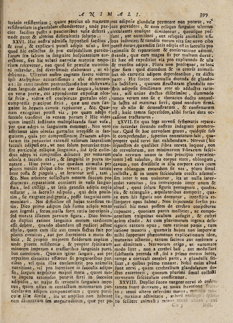 kriofo refiftentlam ; quare parcius ob majoremiros adipof* gianduia permeare non poterat, ve' refiflentiam in glandulam efiunderetur , unde par-|nas pervadent, & cimi reliquo fanguine ulcerius cior facilius pofbt a paucioribus vafis deferri > unde parer & alterius difficultatis folutio.; XXVI, Hac noftrà' admiffa hypothefi facilius , Zc erui , Se explicari potsft adipis ufus , five quod hic coliedus fit prò cufpidalium particu- circulances eoufque dividentur , quoufque pof- fune , aut nutritioni , aut reliquis animalis ufi- bus infervirej Se tamdiu eorum vita fine novo cibo potefl durare,quamdiu fatis adipis efl in facculis prò animalis Se reparatione Se confervatione adminL larum feu falium in fanguine hofpitantium cor-branda, qu* cum magna fic per mulcum durar. redione, five hic velati nutriti* maceri* empo riura refervetur, non quod fic pr*cif* nutritio- ni infervlat, fed diverfimods elaboratus , ut vi- debimus. Ulterius noflro cogitato favere videtur ipfe Malpìghìus acuratiffimus ; ubi de omento ait: In ranis tandem pertrandandis hoc obfervavij dum languide adhucredit in cor fanguis, in trun-> co ven* porr*, cui appendimtur expoficae olco¬ te Aria? , videro efl confpicuas guttulas olei , compreffis precipue finis , qu* una cum fan¬ guine in hepatis cavum rapluntur , &c. Qu*- nam exeogitari poteft via , per quam adeps e ùcculo tranfierit in venam portam } Hic vides quam inutili inftituto multiplicanda funt vafa, per qu* adeps in fanguinem commeet, Nos vero afierimus ideo oleofas guttulas irrepfifle in fan- guinem , quia per compre flìonem ftriarum adipo. farum ita potuerinc extendi vaforum lateralium facculi adipofiora,ut non folum potuerint tran- fire particul* reliqu* fanguinis, fed ipfe colle- dus adeps vi comprefifus debuerit per vena rum ofcu’a c facculo exire , Se fanguini in porta in- natare . Hinc patec , cur quaedam animalia per plures menfes abfque cibo vivant , prius tamen bene palla Se pinguia , ut feruntur urfi , taxi , 8ec. Non arbitror colledum omnem fuccum prò diuturna reparatione contineri in vafis fangui- fiuis, (ed colligi , ut fatis grandis adipis copia teftatur , in facculis adipofis , qui deia pa^ula- tim , fic exigeme indigenti, pofiir fanguini com- municari . Nec difficilior efl hujus tranfitus ra¬ tio. Dico primo adipem fub forma adipis venas non ir.gredi , fecus nulla foret ratio fecretionis, fed mutata illarum partium figura . Dico fecun- do duplici ratione fanguinis motum tardiorem effe debere, quando abundans efl rudiori adhuc chylo, quam cum ille aut tenuis fadus ftiit per plures etreuitus , aut per fecretiones a motu de¬ ficit , Se propter majorem fluidorum copiam , unde plures refifienti* , Se propter fpirituum minorem impetum a craffioribus fanguinis parti- bus coercitum. Quoties igitur fanguis , aut per reperitos circuitus elfoecus fic pinguioribus par. tibus , vel quia illas confumferit prò animalis nutritione , vel prò fecretione in facculis adipo¬ fis, fanguis urgebitur majori motu , quare tan¬ to impetu arteriofus potent ferri in facculos adipofos , ut major fic irruentis fanguinis impe- tus, quam nifus in contadum minimarum par- ticularum adipem componentium ,* quare parti - cui* il!* divif* , ita ut amplius non habeant earn diamstrum leu magnitudinem , qu* per po- Et h*c efl expeditior via prò explicando Se ufo & tranfìtu adipis. Plura non profequor, nelon^ gior fiam : quid dicendum Se in cecerls animali- bus ob exercitia adipem deperdentibus , ex didis patet . Hic forent nonnulla dicenda de glandu- lis ladiferis , quarum ftruduram glandulis no- ftris adipofis fimillimam reor ob addudas ratio- nes , nifi unius dudus difcrimine , dummodo tamen veruni non fic e thoracico dudu nonnul¬ la ladea ad mammas ferri, quod nondum firmi, ter ab ullo Se demonftratum , Se confirmatum efl; buie tamen fuperfedeo, alibi forfan data oc- cafione cradaturus. XXVII. Et qua lege nervofi fyftematis repara- cio fuccedat fecundo noftras indagines promere- tur. Quid fit koc nervofum genus, quidque fiib fe comprehendac, fuperius enunciacum fuit, qua- propter quid nervi fint exhibendum. Nervus ( hic fejundim de qualibet Fibra nervea loquor, non de nervulorum, aut minimarum Fibrarum fafei- culo nervum unum in fuo principio repr*fen- tante ) efl tubulus , feu corpus teres , oblongum , cavum, non divifibile in alia corpora cava:cum vero oblongum rotundum fit vas , plura fimul colleda , Se in unum fafciculuna coada adamuf- fim inter fe non uniuntur , ita ut nulla inter- cedat vacuitas , feu intercapedo inter unum Se aliud , quod folum figuris pentagonis , quadra, tfs, Se triangulis , «quilateribus competit, qua¬ re cum his figuris non donentur , intcrflitia re- linquere opus habent. Non injucunda forfan pa- recbafi hic meas pofiem de cerebro conjeduras exponere , quoniam partis moilities, ac compo¬ nentium exiguicas oculum aufugic , Se cuitri aciem eludit. At cum plurimorum ingenia defa¬ tigane tantum opus , tum ratione partis , tum ratione muneris , quamvis hujus non impervi* mihi fuppetane ph*nomenon explicationum ide-*fi maturius adurus, tanum facimis aut omittam % aut dimittam . Nervorum origo , ut autumarc modo licer , non a cerebri bafi , aut medullart fubfiantia petenda eft , fed a primo eorum fonte, nempe a corticali cerebri parte, a glandulis fei- licet,a quìbus primo emanat. Nthil enifn aliud funt nervi , quam cerebralium glandularum du« dus exeretorii , quorum plurimi fimul colledi nervorum fafciculum conftituunt. XXVIII. Duplici fucco turgent nervi ab code'ti tamen fonte derivato, ac unica fecretione fecre- tenui altero celerrimi motus, mirtm* mo¬ to lis, maxini* adivitatis , alberi an: tu fciiicet animali ; m:n'Js iv li , cui :iIL