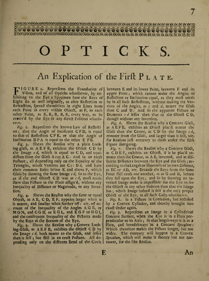O P T I C K S. An Explication of the Firft Plate. FIGURE i. Reprefents the Foundation of Vifion, and of all Opticks whatfoever, b) ex¬ hibiting to the Eye a Specimen how the Rays of Light do as well originally, as after Reflection or Retraftion, fpread therafelves in right Lines from each Point in every vifible ObjeCt, as P, to each ocher Point, as R, R, R, R, R, every way, to be receiv’d by the Eye in any direct Pofition whaclo- ever. Fig. 2. Reprefents the known Law of Reflefti on •, that the Angie of Incidence C P D, is equal to that of Reflection C P E, or that the Angle of Inclination D P A is equal to the other E PB. Fig. 3. Shews the Reafon why a plain Look¬ ing-glafs, as AEFB, exhibits the Object C D by the Image c d, which is equal to CD, and equi- diftantfrom the Glafs A c= A C And in an ereCt Pofture ^ all depending only on the Equality of the Triangles, whofe Vertices are Cc: Dd, and have their common Bafes below E and above V, which Glafs by forming the fame Image c d, fo to the Eye, as if the real ObjeCt CD was at c d, muft needs fhew that Picture in the Place aflign’d, without any Inequality of Diftance or Magnitude, or any Inver- fion. Fig. 4. Shews the Reafon why the fame or equal ObjeCt, as A B, CD, E F, appears larger when it is nearer, and fmaller when farther off: vi%. ort ac¬ count of the Inequality of the Angles A G B, or M G N, and C G D, or K G L, and EGF or H G I, and the confequent Inequality of the Pictures made by the Rays at the Bottom of the Eye. Fig. Shews the Reafon why a Convex Look- ing-Glafs, as AEFB, exhibits the ObjeCt C D by the Image c d, both nearer to the Glafs, and leffer than it felf •, but (till in an ereCt Pofture. AH de¬ pending only on the different Bend of the Circle between E and its lower Point, between F and its upper Point $ which cannot make the Angles of Reflection or Inclination equal, as they muft needs he in all fuch Reflections, without making the Ver¬ tices of the Angles, as c and d, nearer the Glafs than C and D: And fo the apparent Picture or Diameter c d leffer than that of the ObieCt C D, though without any Inverfion. Fig. 6. Shews the Reafon why a Concave Glafs, as AEFB, exhibits an ObjeCt plac’d nearer the Glafs than the Center, as C D by the Image cd&gt; remoter from the Glafs, and larger than it felf, vi%. for Reafons juft contrary to thofe under the fifth Figure foregoing. Fig. 7. Shews the Reafon why a Concave Glafs, as C D E F, exhibits an ObjeCt, if it be plac’d re¬ moter than the Center, as A B, inverted, and at dif¬ ferent Diftances between the Eye and the Glafs •, ac¬ cording to theLength or Shortnets of its own Difiance, as BC or AD, vi^. Becaufe the Rays from the fame Point flill crofs one another, as at G and H, before they fall upon the Eye^ and fo by forming an in¬ verted Image make it impoflible lor the Eye to fee the ObjeCt in any other Pofition than that the Image has *, which Image indeed it felf is the only proper Objeft of the Eye, in all fuch Cafes what foe ver. Fig. 8. Is a Picture in Contuhon; but rectified by a Convex Cylinder, and thereby brought into exaft Order again. Fig. 9. Reprefents an Image in a Cylindrical Concave Surface, when the Eye is in a Plain per¬ pendicular to its Axis * fo that lengthways it is as a Plain, and breadthways as a Concave Speculum: Which therefore makes the Picture longer, but not wider. The contrary will happen in a Convex Speculum, which will make it Ihorcer but not nar¬ rower, for the like Reafon.