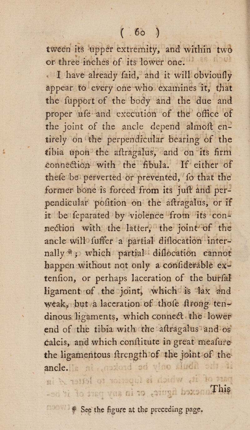 tween its upper extremity, and within two or three inches of its lower one. I have already faid, and it will obvioufly appear to every one who examines it, that the fupport of the body and the due and proper life and execution of the office of the joint of the ancle depend almoft en¬ tirely on the perpendicular bearing of the tibia upon the aftragalus, and on its firm connection with the fibula. If either of thefe be perverted or prevented, fo that the former bone is forced from its juft and per¬ pendicular pofition on the aftragalus, or if it be feparated by violence from its con¬ nection with the latter, the joint of the ancle will fuffer a partial diflocation inter¬ nally *; which partial diflocation cannot happen without not only a confiderablp ex- ten fi on, or perhaps laceration of the burfal ligament of the joint, which is lax and weak, but a laceration of thofe ftrong ten¬ dinous ligaments, which conned the lower end of the tibia with the aftragalus and os calcis, and which conftitute in great meafure the ligamentous ftrength of the joint of the ancle. f Sep the figure at the preceding page*