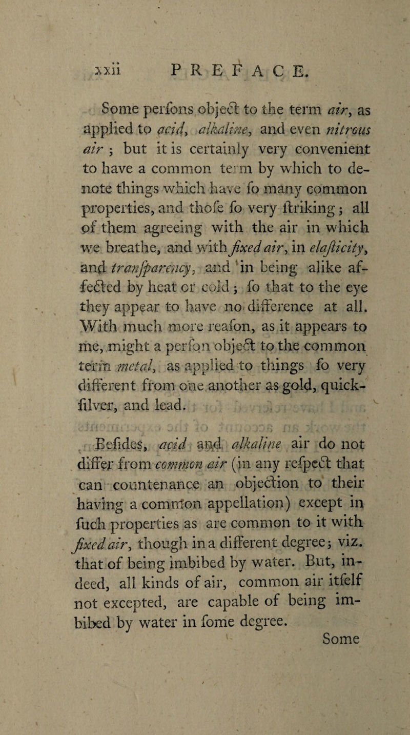 Some perfons objeci: to the term air^ as applied to acidy alkdiney and even nitrous air ; but it is certainly very convenient to have a common tej ni by which to de¬ note things which have fo many common properties, and thofe fo very ftriking; all of them agreeing with the air in which we breathe, and with fixed airy in elafiicityy and tranfparencyy and 'in being alike af- fefted by heat or cold; fo that to the eye they appear to have no-difference at all. With much more reafon, as it appears to me, might a perfon objeft to the common term metaly as applied to things fo very different from one.another as gold, quick- filver, and lead. 'Befides, acid an^d. alkaline air do not . differ common.air (in any refpcdt that can * countenance an objection to their having a comnlon appellation) except in fuch properties as are common to it with fixed airy though in a different degree; viz. that of being imbibed by water. But, in¬ deed, all kinds of air, common air itfelf not excepted, are capable of being im¬ bibed by water in fome degree.