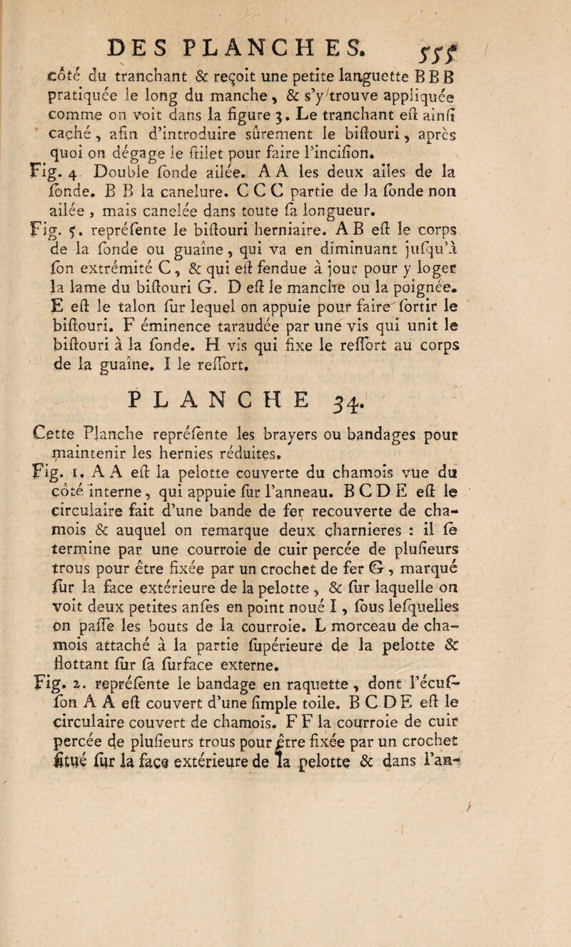 DES PL ANC H ES. 5-;^ / côté du tranchant & reçoit une petite languette BBB pratiquée le long du manche, & s’y^trouve appliquée comme on voit dans la figure 3. Le tranchant eft ainfi caché , afin d’introduire sûrement le bifiouri, apres quoi on dégage le fiilet pour faire l’incifion. Fig. 4 Double (onde ailée. AA les deux ailes de la Ibnde. B B la canelure. CGC partie de la (onde non ailée , mais canclée dans toute la longueur. Fig. reprélente le bifiouri herniaire. A B efi le corps de la fonde ou guaîne, qui va en diminuant jufqu’A Ibn extrémité C, & qui efi fendue à jour pour y logée la lame du bifiouri G. D efi le manclre ou la poignée. E efi le talon fiir lequel on appuie pour faire Ibrtir le bifiouri. F éminence taraudée par une vis qui unit le bifiouri à la Ibnde. H vis qui fixe le refibrt au corps de la guaîne. I le refibrt, PLANCHE 34. Cette Planche reprélènte les brayers ou bandages pour maintenir les hernies réduites. Fig. I. A A efi la pelotte couverte du chamois vue du côté interne, qui appuie fiir l’anneau. B G D E efi le circulaire fait d’une bande de fer recouverte de cha¬ mois & auquel on remarque deux çharnieres : il là termine par une courroie de cuir percée de plufieurs trous pour être fixée par un crochet de fer G , marqué flir la face extérieure de la pelotte , 8c fur laquelle on voit deux petites anlès en point noué I, fous lefquelies on pafib les bouts de la courroie. L morceau de cha¬ mois attaché à la partie fiipérleure de la pelotte Sc flottant fiir fa. fiirface externe, Fig. i. reprélènte le bandage en raquette, dont l’écuG fbn A A efi couvert d’une fimple toile, B G D E efi le circulaire couvert de chamois. F F la courroie de cuir percée de plufieurs trous pour être fixée par un crochet ètiîé lur la face extérieure de la pelotte & dans i’am-