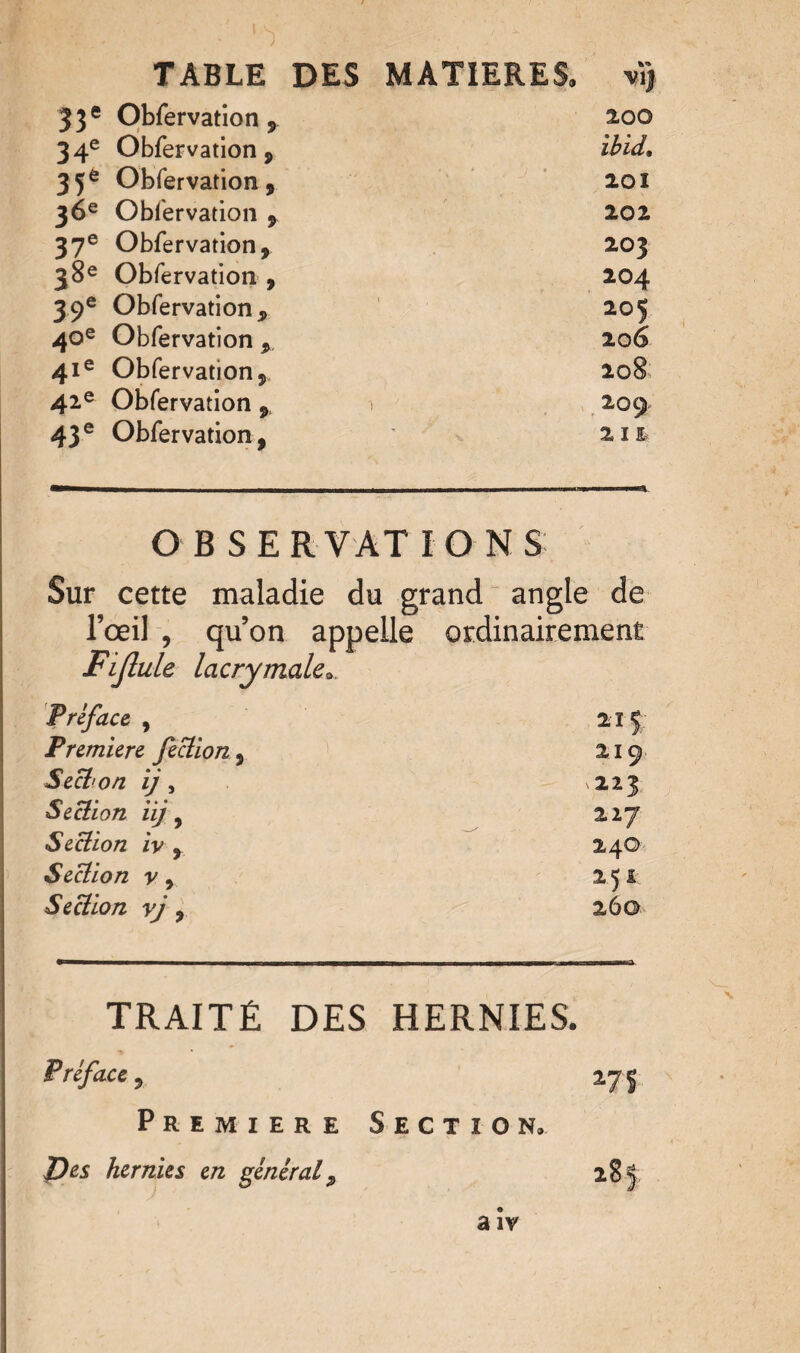 TABLE DES MATIERES» vï) 33 e Observation, 2,00 34e Observation, ibid. 35e Observation, loi 36e Observation , 202 37e Observation, 203 38e Observation, 204 39e Observation, 205 40e Observation , 206 41e Observation, 208 42e Observation, 1 209 43e Observation, 2i& OBSERVATIONS Sur cette maladie du grand angle de l’œil , qu’on appelle ordinairement Fijlule lacrymale». Préface , 215 Premiere fection, 219 Sect'on ij, ^223 Section iij, 227 Section iv , 24© Section v, 251 Section vj, 26a TRAITÉ DES HERNIES. Préface, 27 5 Premiere Section» Des hernies en général, 285 a iv