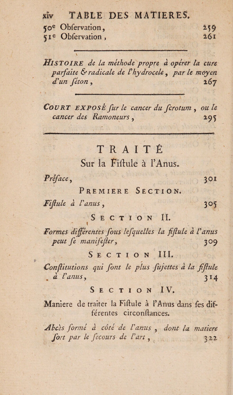 50e Observation, ±59 51e Obfervatiori, 161 Histoire de la méthode propre à opérer la cure parfaite & radicale de Vhydrocele , par h moyen d'un féton, 267 \ ■ Court EXPOSE furie cancer du ferotum , ouïe cancer des Ramoneurs , 295 TRAITÉ ' ^ Sur la Fifiule à FAnus. Préface, Premiere Section. 301 Fifiule a Vanus , 305 Section IL « / ■ • ^ Formes différentes fous lefquelles la fi fuie à l'anus peut je manifejler, 309 Section III. Conflitutions qui font le plus fujettes a la fifiule à Vanus, 314 Section IV. Manière de traiter la Fiftule à l’Anus dans Tes dif¬ férentes circonftances. 1 , ' Abcès formé à côté de Vanus , dont la matière fort par le fecours de l'art , 322