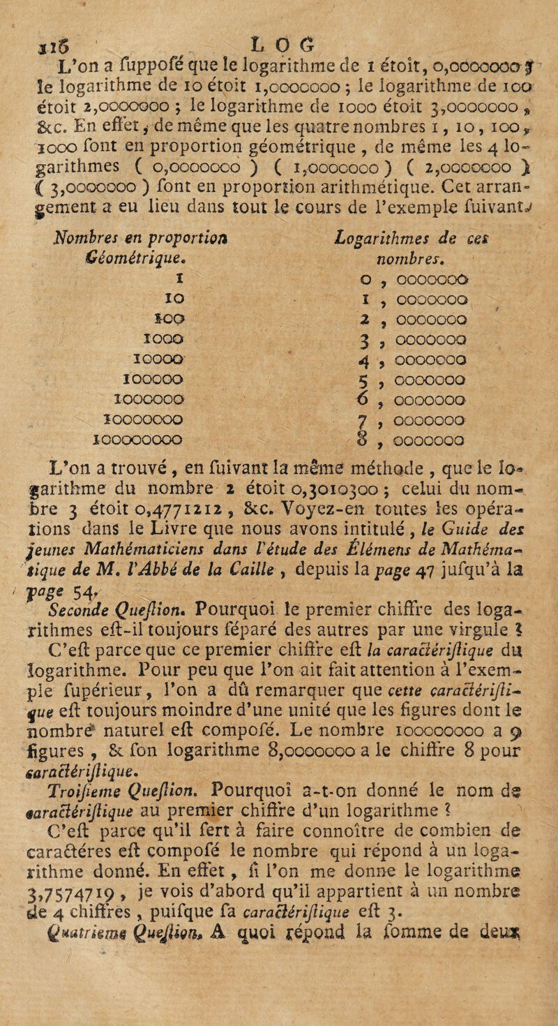 L’on a fuppofé que le logarithme de i étoit, 0,0000000 £ le logarithme de 10 étoit 1,0000000 ; le logarithme de 100 étoit 2,0000000 j le logarithme de 1000 étoit 3,0000000 » &c. En effet ,• de même que les quatre nombres 1,10, 100 * 1000 font en proportion géométrique , de même les 4 lo¬ garithmes ( 0,0000000 ) ( I5OOOCOOO) ( 2,0000000 ) ( 3,0000000 ) font en proportion arithmétique. Cet arran¬ gement a eu lieu dans tout le cours de l’exemple fuivanu Nombres en proportion Géométrique* 1 10 *00 IOQO IOOOO IOOOOO lOOCOOO 10000000 X00000000 Logarithmes de ces nombres. o , 0000000 1 , 0000000 2 , OOOOOOO 3 , ooooooo 4 , ooooooo 5 , ooooooo 6 , ooooooo 7 , ooooooo § , ooooooo L’on a trouvé, en fuivant la même méthode , que le la*, garithme du nombre 2 étoit 0,3010300 ; celui du nom¬ bre 3 étoit 0,4771212 , fkc. Voyez-en toutes les opéra¬ tions dans le Livre que nous avons intitulé , le Guide des jeunes Mathématiciens dans l'étude des Élément de Mathèma« tique de M, VAbbé de la Caille , depuis la page 47 jufqu’à la ' faëe 54’ Seconde Quefiion. Pourquoi le premier chiffre des loga¬ rithmes eff-il toujours réparé des autres par une virgule ? C’eft parce que ce premier chiffre eft la caraaêriftique du logarithme. Pour peu que l’on ait fait attention à l’exem¬ ple fupérieur, l’on a dû remarquer que cette caraclérifii- que eft toujours moindre d’une unité que les figures dont le nombre4 naturel eft compofé. Le nombre 100000000 a 9 figures , & fon logarithme 8,0000000 a le chiffre 8 pour saraclérijlique. Troijieme Quefiion. Pourquoi a-t-on donné le nom de earaclérifique au premier chiffre d’un logarithme ? C’eft parce qu’il fert à faire connoître de combien de caractères eft compofé le nombre qui répond à un loga¬ rithme donné. E11 effet, fi l’on me donne le logarithme 3,7574719 , je vois d’abord qu’il appartient à un nombre üe 4 chiffres , puifque fa caraBérifiique eft 3. Quatrième Quefiion» A «juoi répond la fomme de deu*