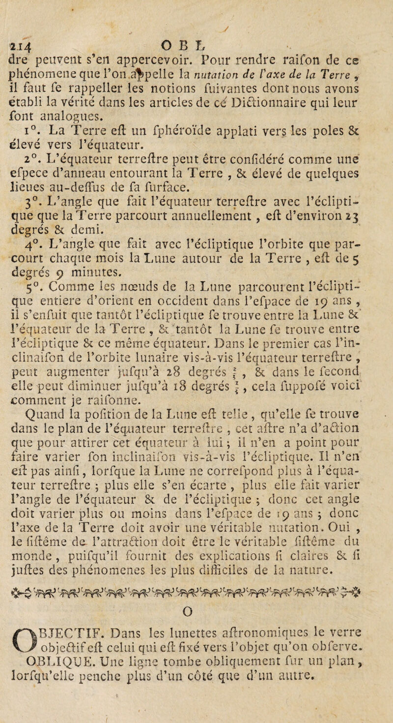 y 214 O B h dre peuvent s’en appercevoir. Pour rendre raifon de ce phénomène que l’on appelle la nutation Je l'axe de la Terre 9 il faut fe rappeller les notions fuivantes dont nous avons établi la vérité dans les articles de cé Dictionnaire qui leur font analogues. i°. La Terre efl un fphéroïde applati vers les pôles & élevé vers l’équateur. 20. L’équateur terreftre peut être confidéré comme une efpece d’anneau entourant la Terre , St élevé de quelques lieues au-defîus de fa furface. 3°. L’angle que fait l’équateur terreflre avec l’éclipti¬ que que la Terre parcourt annuellement , efl: d’environ 23 degrés St demi. 4°. L’angle que fût avec l’écliptique l’orbite que par¬ court chaque mois la Lune autour de la Terre , efl de 5 degrés 9 minutes. 50. Comme les nœuds de la Lune parcourent l’éclipti¬ que entière d’orient en occident dans l’efpace de 19 ans , il s’enfuit que tantôt l’écliptique fe trouve entre la Lune &' l’équateur de la Terre , & tantôt la Lune fe trouve entre l’écliptique St ce même équateur. Dans le premier cas l’in- clinaifon de l’orbite lunaire vis-à-vis l’équateur terreflre , peut augmenter jufqu’à 28 degrés | , 8t dans le fécond elle peut diminuer jufqu’à 18 degrés |, cela fuppofé voici comment je raifonne. Quand la pofition de la Lune eû telle , qu’elle fe trouve dans le plan de l’éqnateur terreftre , cet aûre n’a d’aftion que pour attirer cet équateur à lui ; il n’en a point pour faire varier fon inclinailbn vis-à-vis l’écliptique. Il n’en eft pas ainfi, lorfque la Lune ne correfpond plus à l’équa¬ teur terreûre ; plus elle s’en écarte , plus elle fait varier l’angle de l’équateur St de l’écliptique ; donc cet angle doit varier plus ou moins dans l’efpace de 19 ans ; donc Taxe de la Terre doit avoir une véritable nutation. Oui , le fi lié me de l’attraftion doit être le véritable fiflême du monde , puifqu’il fournit des explications fi claires St li juftes des phénomènes les plus difficiles de la nature. ^’-PrV 'm’ Vm' 9-$ O OBJECTIF. Dans les lunettes agronomiques le verre obje&if efl celui qui eft fixé vers l’objet qu’on obferve. OBLIQUE. Une ligne tombe obliquement fur un plan, lorfqu’elle penche plus d’un côté que d’un autre.