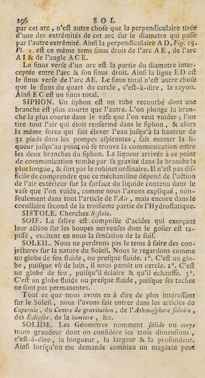 îcjS SOL par cet arc , n’efl autre chofe que îa perpendiculaire tiret? d’une des extrémités de cet arc fur le diamètre qui pâlie par l’autre extrémité. Ainfi la perpendiculaire AD, Fig. 15. Fl. 2. eft en même tems fmus droit de l’arc A E , de l’arc AI & de l’angle A C E. Le fmus verfe d’un arc eff la partie du diamètre inter¬ ceptée entre l’arc & Ton linus droit. Ainfi la ligne E D eft le fmus verfe de l’arc AE. Le fmus total n’eft autre choie que le fmus du quart du cercle , c’eil-à-dire , le rayon. Ainiî E C eft un linus total. SIPHO-N. Un lîphon eft un tube recourbé dont une branche eft plus courte que l’autre. L’on plonge la bran¬ che la plus courte dans le vafe que l’on veut vuider -, l’on tire tout l’air qui étoit renfermé dans le fiphon , & alors la même force qui fait élever l’eau jufqu’à la hauteur de 32 pieds dans les pompes afpirantes , fait monter la li¬ queur jufqu’au point où fe trouve la communication entre les deux branches du lîphon. La liqueur arrivée à ce point de communication tombe par fa gravité dans la branche la plus longue, & fort par le robinet ordinaire. Il n’eft pas dif¬ ficile de comprendre que ce méchanifme dépend de l’adioii de l’air extérieur fur la furface du liquide contenu dans le vafe que l’on vuide, comme nous l’avons expliqué , non- feulement dans tout l’article de Y Air , mais encore dans le corollaire fécond de la troifieme partie del’Hydroftatique. SISTOLE. Cherchez Syftole. SOIF. La falive elE compofée d’acides qui exerçant leur adion fur les houpes nerveufes dont le gofier eft ta- piifé , excitent en nous la fenfation de la foif. SOLEIL. Nous ne perdrons pas le tems à faire des con¬ jectures fur la nature du Soleil. Nous le regardons comme un globe de feu fluide , ou prefque fluide. i°. C’eft un glo¬ be , puifque vû de loin, il nous paroît un cercle. i°. Chef!: un globe de feu, puifqu’il éclaire & qu’il échauffe. 3°. C’eft un globe fluide ou prefque fluide , puifque fes taches ne font pas permanentes. Tout ce que nous avons eu à dire de plus intéreffant fur le Soleil, nous l’avons fait entrer dans les articles de Copernic , du Centre de gravitation , de Y Athmofphere folaire , des Éclipfes, de la lumière , &c. SOLIDE. Les Géomètres nomment folide ou corps toute grandeur dont 011 confidére les trois dimenfions , c’eff-à-dire , la longueur , la largeur & la profondeur. Ainfi lorfqu’on me demande combien un magazin peut