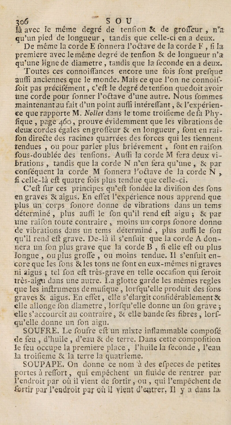 3ô6 SOU là avec îc même degré de tendon St de grodeur , nya qu’un pied de longueur , tandis que celle-ci en a deux. De même la corde E Tonnera l’odave de la corde F , fi la première avec le même degré de tendon St de longueur n’a qu’une Mgne de diamètre , tandis que la fécondé en a deux. Toutes ces connoifTances encore une fois font prefque auffi anciennes que le monde. Mais ce que l’on ne connoif- foit pas précisément, c’eft le degré de tendon quedoit avoir une corde pour Tonner l’oétave d’une autre. Nous Tommes maintenant.au fait d’un point auffi intéreffant, St l’expérien¬ ce que rapporte M. Nollet dans le tome troideme defa Phy- fique , page 460, prouve évidemment que les vibrations de deux cordes égales engroflêur St en longueur, font en rai- fon direêle des racines- quarrées des forces qui les tiennent tendues , ou pour parler plus brièvement font en raifort, fous-doublée des tendons.. Auffi la corde M fera deux vi¬ brations , tandis que la corde N n’en fera qu’une , St par conféquent la corde M Tonnera Fbftave de la corde N fi celle-là efit quatre fois plus tendue que celle-ci. C’eft fur ces principes qu’eft fondée la dividon des Tons en graves St aigus. En effet l’expérience nous apprend que plus un corps fonore donne de vibrations dans un tems déterminé , plus auffi le fon qu’il rend eft aigu ; St par une raifon toute contraire , moins un corps fonore donne de vibrations dans un tems déterminé , plus auffi le Ton qu’il rend eft grave. De-là il s’enfuit que la corde A don¬ nera un fon plus grave que la corde B , b elle eff ou plus longue , ou plus greffe , ou moins tendue. Il s’enfuit en¬ core que les Tons St les tons ne font en eux-mêmes ni graves ni aigus ; tel fon eft très-grave en telle occafion qui feroit très-aigu dans une autre. La glotte garde les mêmes réglés que les inftrumens demudque , lorfqu’elle produit des Tons graves St aigus. En effet, elle s’élargitconddérablementSt elle allonge fon diamètre , lorfqu’elle donne un fon grave ; elle s’accourcit au contraire, & elle bande Tes dbres, lorff qu’elle donne un fon aigu. SOUFRE. Le foufre eft un mixte inflammable compofé de feu , d’huile , d’eau St de terre. Dans cette compobtion 3e feu occupe la première place , l’huile la fécondé , l’eau la troideme St la terre la quatrième. SOUPAPE. On donne ce nom à des efpeces de petites portes à reffort, qui empêchent un fluide de rentrer par l’endroit par où il vient de fortir, ou , qui l’empêchent de fbrtir par l'endroit par QÙ il vient d’entrer. Il y a dans la