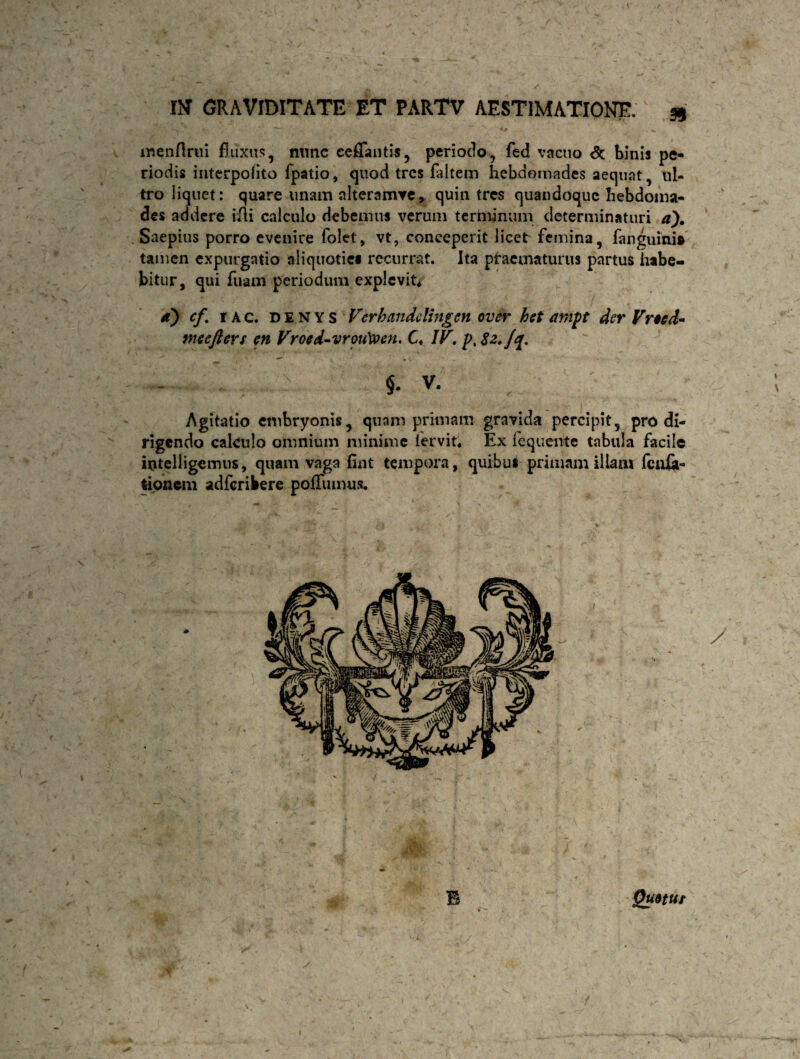 menflrui fluxus, mmc ceffantis, periodo, fed vacuo & binis pe¬ riodis interpolito fpatio, quod tres faltem hebdomades aequat, ul¬ tro liquet: quare unam alteramve, quin tres quandoque hebdoma¬ des addere iJli calculo debemus verum terminum determinaturi a). Saepius porro evenire folet, vt, conceperit licet femina, fanguini» tamen expurgatio aliquotiei recurrat. Ita praematurus partus habe¬ bitur, qui fuam periodum explevit, a) cf. i ac. denys Verhandclingcn over het ampt der Vree ti¬ me e fi er s en Vroed-vroifivcn, C. IV. p, Sz./^. §. V. Agitatio embryonis, quam primam gravida percipit, pro di¬ rigendo calculo omnium minime lervit, Ex fequente tabula facile inteliigemus, quam vaga fint tempora, quibus primam illam fenii- fcionem adferibere poiTumus. B Quttur