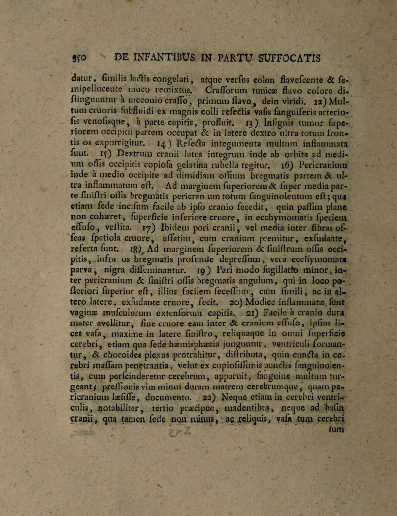 datur, fiinilis lacflis congelati, atque verfus colon flavefcente Sc fc- inipeliucente muco reinixtiis. Craflorum tunicae flavo colore di. flingiumtur a meconio craflfo, primum flavo^ dein viridi. 12) Mul¬ tum cruoris fubfluidi ex magnis colli refedlis vafis fanguifcris arterio¬ lis venolisque, a parte capitis, profluit. 13) Infignis tumor fupe- riorem occipitii partem occupat dc in latere dextro ultra totum fron¬ tis os exporrigitur. 14) Reletfla integumenta multum inflammata fiuit. if) Dextrum cranii latus integrum inde ab orbita ^d medi¬ um oflis occipitis copioia gelatina rubella tegitur. 16) Pericranium inde a medio occipite ad dimidiam oflium bregmatis partem <5c ul¬ tra inflammatum efl* Ad marginem fuperiorem & fuper media par¬ te finiflri oflis bregmatis pericran ttm totum fanguinolentum eft; qua etiam fede incifum facile ab ipfo cranio fecedit, quin paflim plane non cohaeret, fuperficie inferiore cruore, in ecchymomatis fpeciem effufo, veflita. ly') Ibidem pori cranii, vei media inter fibras of- feas fpatiola cruore, affatini, cum cranium premitur, exfudante, referta funt. 18)^ Ad marginem fuperiorem & flniflriun offis occi¬ pitis,..infra os bregmatis profunde deprefliim, vera ecchymomata parva, nigra difleminantur. 19) Fari modo fugillatho minor, in-? ter pericranium & finiflri olfis bregmatis angulum, qui in loco po- fle dori fu perior efl, illuis facilem feceifam, ciiin limili, ac in al¬ tero latere, exfudante cruore, fecit. 20) Modice inflammatx funt vaginas mufculorum extenfbrum capitis. . 21) Facile a cranio dura mater avellitur, fiue cruore eam inter <5c cranium effufo, ipfius li¬ cet vafa, maxime in latere finiflro, reliqnaqiie in omni fuperficie cerebri, etiam qua fedehxmisphxria junguntur, ventdculi forman¬ tur, <5c choroides plexus protrahitur, diflributa, quin cunefla in ce¬ rebri maffam penetrantia, velut ex copiofilfimispuiuflis fanguinolen- tis, cum perfeinderetur cerebrum, apparuit, fangiiine inultum tur¬ geant,* preffionis vim minus duram matrem cerebrumque, quam pe¬ ricranium laefifre, documento. 22) Neque etiam in cerebri ventri-' culis, notabiliter, tertio prascipue, madentibus, neque ad hafiiv cranii, qua tamen fede non niinus, ag reliquis, vafa tum cerebri . - - - N
