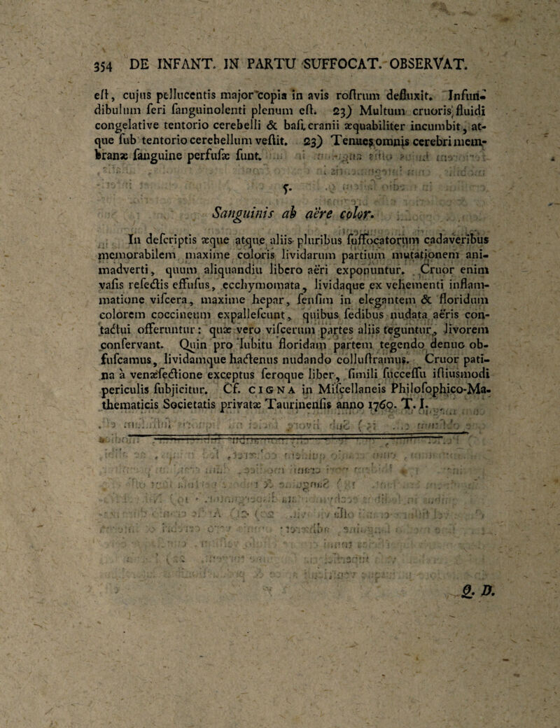 efl, cujus pelluccntis major'copia in avis rofirum definxit. 'Infiiri- dibulnni feri fanguinolenti plenum cfi* 23} Multum cruoris‘fluidi congelative tentorio cerebelli <5c baficranii asquabiliter incumbit, at¬ que fub tentorio cerebellum veftit. 23) Tenuc^omnis cerebri mein- bran» lauguine perfulac funt; = • - i : / : ■ - . r.- . : \ 'r. Sanguinis ab aere eoior» In deferiptis aeque atqii.e aliis pluribus fbffiKatoruni cadaveribus mcjnorabilcm niaxime coloris lividarum partium mutationem ani¬ madverti > quum aliquandiii libero aeri exponuntur. ,&upr enim vafis refedlis effufus, ccchymomata, lividaque ex vehementi inflam¬ matione vifcera, maxime hepar, fenfim in elegantem & floridam colorem coccineum expallefcunt, quibus fedibus nudata, aeris con- tadlui offeruntur: quas vep vifeerum partes aliis teguntur,, livorem ponfervant. Quin pro lubitu floridam partem tegendo denuo ob- fufeamus, lividamque hadenus nudando cdlluflramus. Cruor pati¬ na a venaefecflione exceptus feroque liber,, fimili fucceffu ifliusmodi periculis fubjicitur. Cf. c i G N A in Mifcellaneis Philofophico-Ma- thematicis Societatis privatae Taurinenlis anno 17^9* T* .I* /V , / .v;' r; , h ■ r>ii; rrT -^ ? '‘ndr’ ■ - - - ^'M . . -r ■ ' r ».■' . # ^ . 4 i ^ - r i - ■ .i 1 ^ ‘ . / .Ifl- S, D.