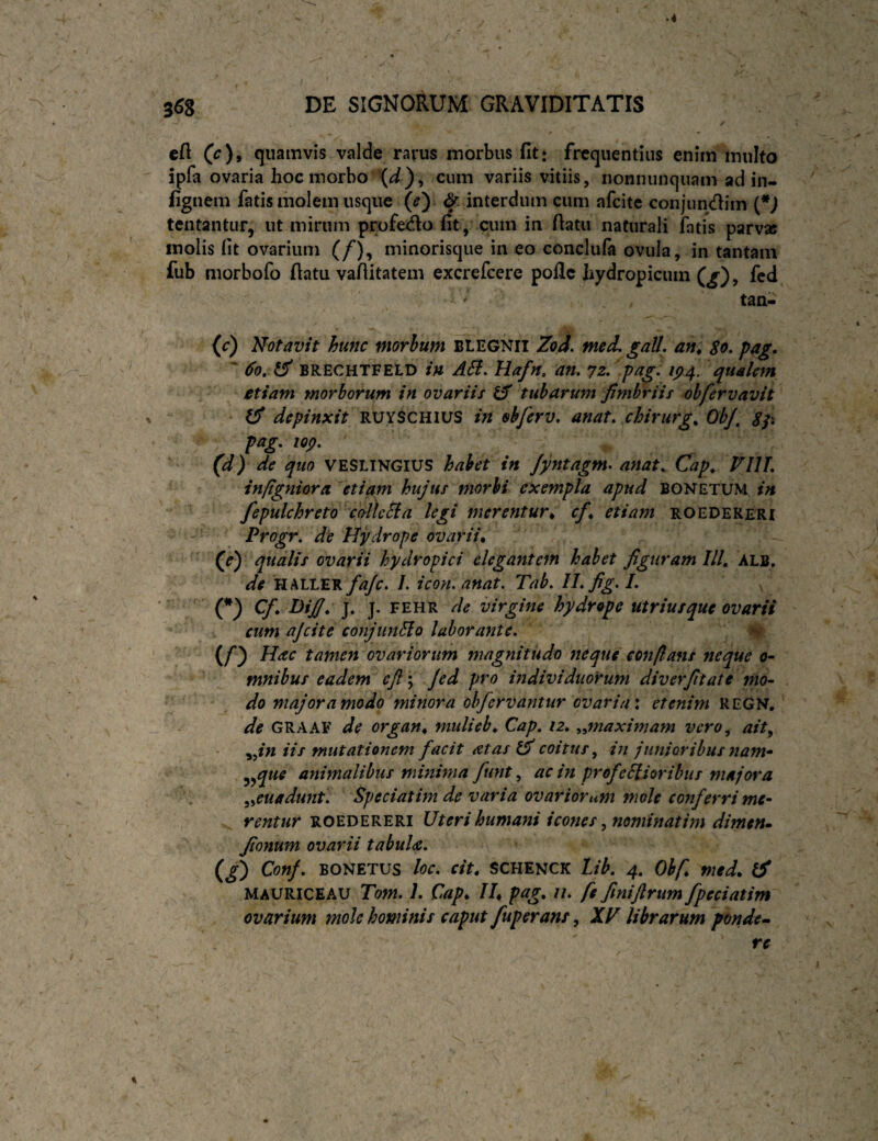 .4 368 de signorum GRAVIDITATIS / cft Cc)t quamvis valde rarus morbus fit: frequentius enim multo ipfa ovaria hoc morbo )9 cum variis vitiis, nonnunquam ad in- fignem fatis molem usque (^) ^ interdum cum afeite conjundim tentantur, ut mirum profedo fit, cum in ftatu naturali fatis parvas molis fit ovarium (/), minorisque in eo conclufa ovula, in tantam fub morbofo flatu vafiitatem excrefeere poflc hydropicum fcd tan- (c) N’otav/t hunc morbum blegnii Zod. med. ^alL an^ go. pag, ' 60, ^ BRECHTFELD in A6f. Hafn, an, 72. pag: 1^4. qualem etiam morborum in ovariis ^ tubarum fimbriis obfervavit depinxit RUYSCHIUS in obferv, anat, chirurge Oh/, gp pag, log, (d) de quo VESLINGIUS habet in Jyntagm, anat, Cap, FllL infigniora etiam hujus morbi exempla apud bonetum in fepulchreto collcEia legi merentur^ cfi etiam roedereri Progr, de Hydrope ovariis (e) qualis ovarii hydropici elegantem habet figuram IU, alb. de HALLER/tf/r. /. icon, anat, Tah, ILfig- L 0 J* J* pehr de virgine hydrope utriusque ovarii cum ajcite conjunEio laborante, ^ in Hac tamen ovariorum magnitudo neque conflans neque o- mnibus eadem efl \ Jed pro individuorum diverfitate mo- do major a modo minora obfervantur ovaria \ etenim REGN. de GRAAF de organ^ mulieb» Cap, iz, ^,,maximam vero, ait^ iis mutationem facit at as coitus, in junioribus nam^ ^^que animalibus minima funt, ac in profeElioribus majora ,ieuadunt, Speciatwi de varia ovariorum mole conferri me~ rentur roedereri Uteri humafii icones, nominatim dimen» fionum ovarii tabula, (g) Conj, BONETUS loc, cit, SCHENCK lib, 4, Obf med. li MAURICEAU Tom, 1, Cap^ Ih pag, ii, fe finijlrum fpeciatim ovarium mole hominis caput fuperans, XZ librarum ponde» re
