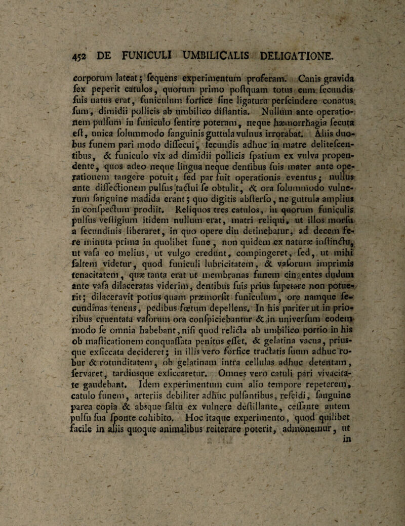 corporum lafeatj leqiiens experimentum proferam. Canis gravida fex peperit catulos, quorum primo poftquam totus cum fecundis fuis natus erat, funiculum forfice fine ligatura-perfcindcre xonatus^ fum, dimidii pollicis ab umbilico difiantia. Nullum ante operatio¬ nem pulfum in funiculo fentire poteram , neque haemorrhagia fecuta efi, unica folummodo fanguinis guttula vulnus irrorabat. Aliis duo¬ bus funem pari modo diffecui’, fecundis adhuc in matre delitefceii- libus, & funiculo vix ad dimidii pollicis fpatium ex vulva propen¬ dente, quos adeo neque liiigua neque dentibus fuis mater ante ope¬ rationem tangere potuit4 fed par fuit operationis eventus* nullus ante difieclioncm puIfus|ta<fTui fe obtulit, cSc ora folummodo vulne¬ rum fanguine madida erant; quo digitis abfierfo, ne guttula amplius in confpetn:!!!!! prodiit* Reliquos tres catulos, iii quorum funiculis piilfus vefijgium itidem nullum erat, matri reliqui, ut illos morfu a fecundiuis liberaret, in quo opere diu detinebatur, ad decem fe¬ re minuta prima in quolibet fiiue , non quidem ex naturae iafiin<flu, «t vafa eo melius, ut vulgo credunt, compingeret, fed, ut mihi faltem videtur, quod funiculi lubricitatem, 6c vaforum imprimis tenacitatem, quae tanta erat ut membranas funem cingentes duduui ante vafa dilaceratas viderim, dentibus fuis prius fiipeti^re non potue¬ rit; dilaceravit potius quam pracmorfit funiculum, ore namque fe- cundinas tenens, pedibus foetum depellens* In his jmriterut in prio¬ ribus cruentata vafi)rum ora confpiciebantnr <5cdn univerfiim eodem* ''modo fe omnia habebant,nifi quod rclida ab iimbiHco portio in his ob maflicationem conquafiata penitus e/Tet, Sc gelatina vacua, prius- que exficcata decideret j in illis vero forfice tradlatis fuum adhuc ro¬ bur <5c rotunditatem, ob gelatinam intra cellulas adhuc detentam, fervaret, tardiusque exliccaretur. Omnes vero catuli pari vivacita¬ te gaudebant* Idem experimentum cum alio tempore repeterem, catulo funem, arteriis debiliter adliiic pulfantibus, refeidi, fanguine parca copia & absque faltu ex vulnere deflillante, celTaiite autem pulfu fua fponte cohibito. Hoc itaque experimento, quod quilibet facile in aliis quoque animalibus'reiterare poterit, admonejiiiur, ut