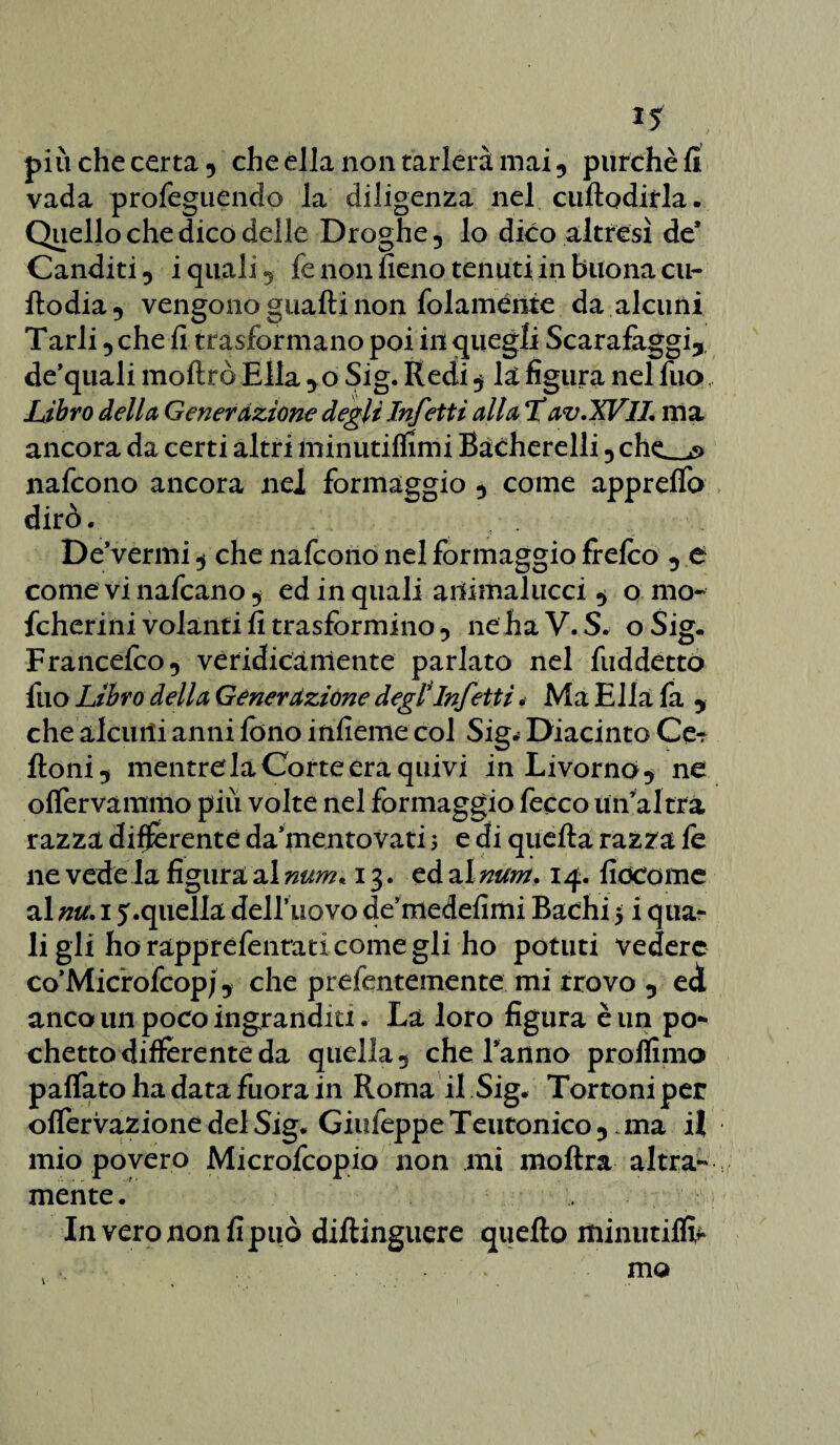 *5 , più che certa , che ella non tarlerà mai , purché fi vada profeguendo la diligenza nel cudoditla. Quello che dico delle Droghe, lo dico altresì de’ Canditi, i quali, fe non fieno tenuti in buona cu¬ llo dia , vengono guadi non fedamente da alcuni Tarli, che fi trasformano poi in quegli Scarafàggi* de’quali modrò Ella , o Sig. Redi $ là figura nel fuo, Libro della Generazione degli Infetti alla Xav.XVlI ma ancora da certi altri minutiffimi Bacherelli, che_ nafeono ancora nel formaggio , come appreffo dirò. De vermi ^ che nafeono nel formaggio frefeo , e come vi nafeano, ed in quali ailimalucci ^ o mo- fcherini volanti fi trasformino, nehaV.S. oSig. Francefco, veridicamente parlato nel fuddetto fuo Libro della Generazione degl Infetti * Ma Ella fa , che aleniti anni fono inficine col Sig* Diacinto Ce^ doni, mentre la Corte era quivi in Livorno, ne ofler vantino più volte nel formaggio fecco un’altra razza differente da’mentovati 5 e di queda razza le ne vede la figura al nunu 13. ed fimtm, 14. fidcome al nu. 1 ^.quella delTuovo de’medefimi Bachi > i qua¬ li gli ho rapprefenrati come gli ho potuti vedere co’Miciofcopj, che prefentemente mi trovo , ed anco un poco ingranditi. La loro figura è un po* chettodifferente da quella, che Tanno profilino palfato ha data fuora in Roma il Sig. Tortoniper offervazione del Sig. Giufeppe Teutonico, .ma il mio povero Microfcopio non mi modra altra¬ mente. In vero non fi può didinguere quedo minutili^ mo