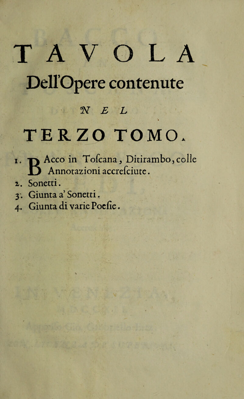 TAVOLA Dell’Opere contenute aN E L » TERZO TOMO. ( i. d Acco in Tofcana, Ditirambo,colle Q Annotazioni accrerciute. z. Sonetti. 3 . Giunta a’ Sonetti. 4. Giunta di varie Poefie.