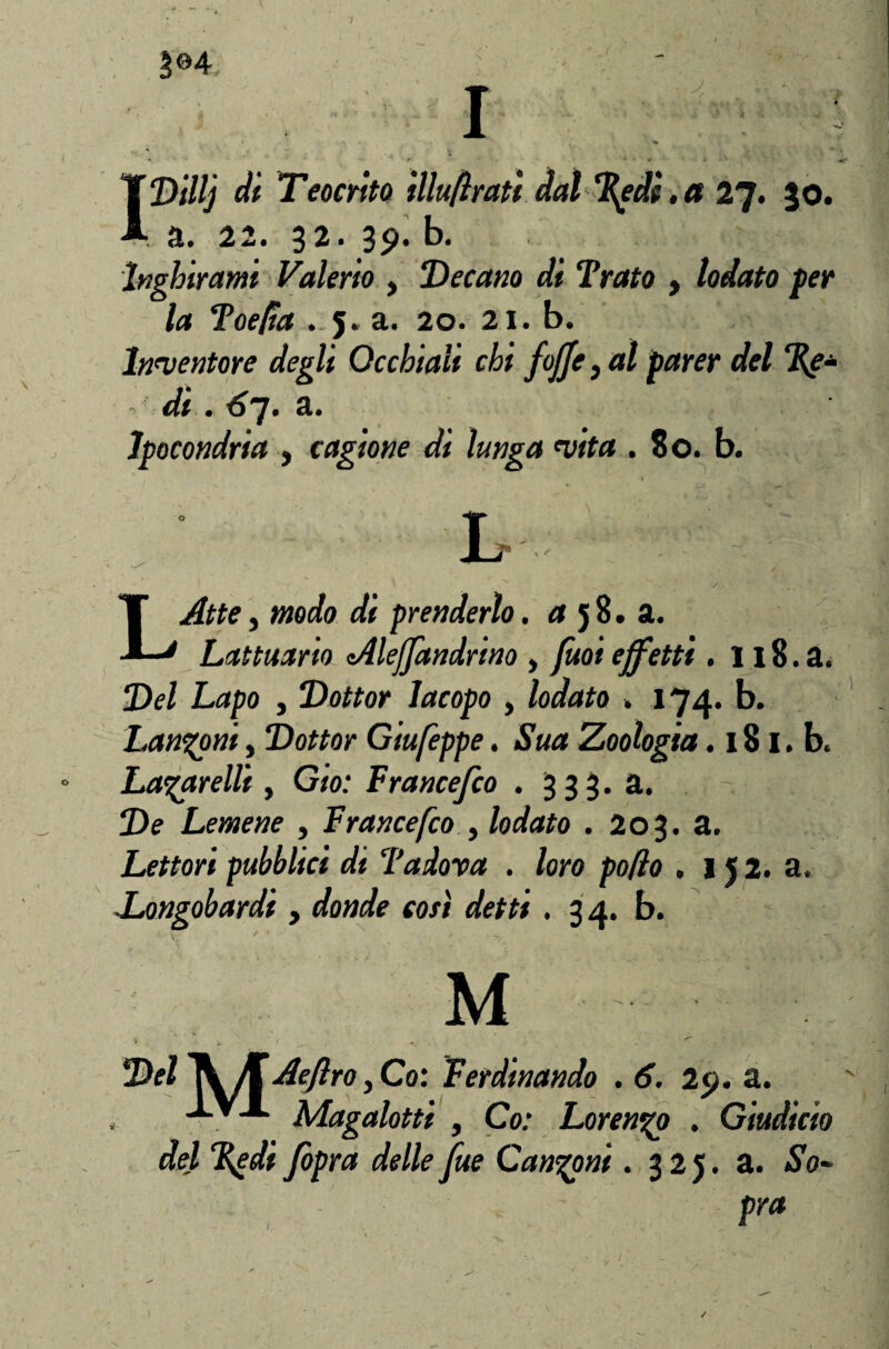 i ©4 IDillj di Teocrito illufirati dal %gdì. a 27. 30. a. 22. 32. 35). b. Inghirami Valerio , Decano di Trato , per la Toe/ia . j. a. 20. 21. b. Inventore degli Occhiali chi foffe3al parer del %e- ^ di, 67. a. Ipocondria , cagione di lunga 'vita . 80. b. L LAtte, modo di prenderlo. a 5 8. a. Lattuario Aleffandrino , /«o/ effetti . 118. a. Df/ Lapo , Dottor Jacopo , Zonata » 174. b. Lantani, Dottor Giufeppe. Zoologia. 181. b. Lagarellì, Gio: Francefco . 333. a. De Lemene , Francefco , /o«teo . 203. a. Lettori pubblici di Tadova . loro poflo , 152. a. ■Longobardi , </oWe così afeffr . 34. b. M ■ Del AyTAeflro,Co: Ferdinando . 6. 2t>. a. Magalotti , Co: Lorenzo . Giudicio del %edi fopra delle fue Cannoni. 325. a. So- ■ ■ . '' Pra /