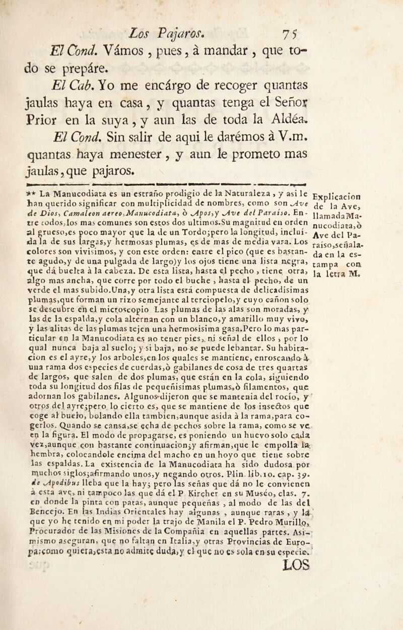 ElCond. Vamos, pues, á mandar , que to¬ do se prepáre. El Cab. Yo me encárgo de recoger quantas jaulas haya en casa, y quantas tenga el Señor Prior en la suya, y aun las de toda la Aldéa. El Cond. Sin salir de aqui le darémos á V.m. quantas haya menester , y aun le prometo mas jaulas,que pájaros. ** La Manucodiata es un estraño prodigio de la Naturaleza , 7 asi le Lian querido significar con multiplicidad de nombres, como son ^Ave de Dios-t Camaleón aereo^Manucodiata^ ó ^Apos,y ^Ave del Paraíso. En¬ tre todos,los mas comunes son estos dos últimos.Su magnitud en orden al grueso,es poco mayor que la de un Tordojpero ia longitud, inclui¬ da la de sus largas,y hermosas plumas, es de mas de media vara. Los colores son vivísimos, y con este orden: entre el pico (que es bastan¬ te agudo»y de una pulgada de largo)y los ojos tiene una lista negra, que dá bueíca á la cabeza. De esta lista, hasta el pecho , tiene otra, sigo mas ancha, que corre por todo el buche , hasta el pecho, de un verde el mas subido.Una,y otra lista está compuesta de delicadísimas plumas,que forman un rizo semejante al terciopelo,y cuyo canon solo se descubre en el microscopio Las plumas de las alas son moradas, y las de ia espalda,y cola alternan con un blanco,y amarillo muy vivo, y las alitas de las plumas tejen una hermosísima gasa.Pero lo mas par¬ ticular en la Manucodiata es no tener pies,, ni señal de ellos i por lo qual nunca baja al sueloj y si baja, no se puede lebantar. Su habita¬ ción es el ayre,y ios arboles,en los quales se mantiene, enroscando ¿i- una rama dos especies de cuerdas,b gabiianes de cosa de tres quartas de largos, que salen de dos plumas, que están en la cola, siguiendo toda su longitud dos filas de pequeñísimas plumas.,o filamentos, que: adornan los gabiianes. Algunos-dijeron que se mantenía del rocío, y otros del ayrejpero lo cierto es, que se mantiene de los inse&os que coge al bueio, boiando ella también,aunque asida á la rama,para co¬ gerlos. Quando se cansa,se echa de pechos sobre la rama, como se ve en la figura. El modo de propagarse, es poniendo un huevo solo cada vez,aunque con bastante continuacion^y afirman,que le empolla la. hembra, colocándole encima del macho en un hoyo que tiene sobre las espaldas. La existencia de la Manucodiata ha sido dudosa por rnuchos siglos^afirmando unos,y negando otros. Plin. lib.io. cap. 39. de ^Apodibus lleba que la hay^ pero las señas que dá no le convienen á esta ave;, ni tampoco las que dá el P Kircher en su Musco, das. 7. en donde la pinta con patas, aunque pequeñas , al modo de las del Eencejo. En las Indias Orientales hay algunas , aunque raras , y 1& que yo he tenido en mi poder la trajo de Manila el P. Pedro Murillq» Procurador de las Misiones de laCompañia en aquellas partes. Asi¬ mismo aseguran, que no faltan en Italia>y otras Provincias de Euro- pa;cojno quiéraosla no admite duda,y el que no es sola en su especie. LOS Explicación de la Ave, llamada Ma¬ nucodiata,b Ave del Pa- raíso,.señala- da en la es¬ tampa coa la letra M.