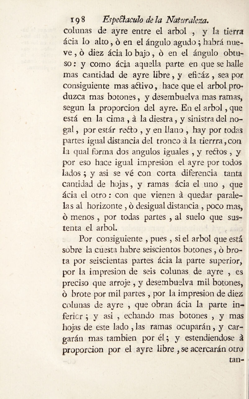 colanas de ay re entre el árbol ,, y la tierra ácia lo alto, ó en el ángulo agudo; habrá nue¬ ve , ó diez ácia lo bajo, ó en el ángulo obtu¬ so : y como ácia aquella parte en que se halle mas cantidad de ayre libre, y efieáz , sea por consiguiente mas aétivo, hace que el árbol pro¬ duzca mas botones, y desembuelva mas ramas, según la proporción del ayre. En el árbol, que está en la cima , á la diestra, y sinistra del no¬ gal , por estár reéto , y en llano , hay por todas partes igual distancia del tronco á la tierrra, con la qual forma dos ángulos iguales , y reélos, y por eso hace igual impresión el ayre por todos lados ; y asi se vé con corta diferencia tanta cantidad de hojas, y ramas ácia el uno , que ácia el otro: con que vienen á quedar parale¬ las al horizonte , ó desigual distancia , poco mas, ó menos, por todas partes , al suelo que sus¬ tenta el árbol. Por consiguiente , pues , si el árbol que está sobre la cuesta habré seiscientos botones, ó bro¬ ta por seiscientas partes ácia la parte superior, por la impresión de seis colimas de ayre , es preciso que arroje , y desembuelva mil botones, ó brote por mil partes , por la impresión de diez colunas de ayre , que obran ácia la parte in¬ ferid* ; y asi , echando mas botones , y mas hojas de este lado , las ramas ocuparán, y car¬ garán mas también por él; y estendiendose á proporción por el ayre libre , se acercarán otro tan-