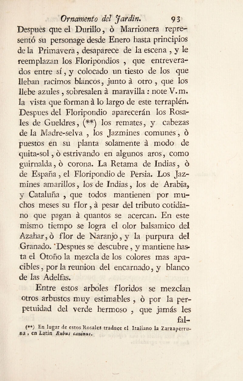 Después que el Durillo, ó Marrionera repre¬ sentó su personage desde Enero hasta principios de la Primavera, desaparece de la escena , y le reemplazan los Floripondios , que entrevera¬ dos entre sí, y colocado un tiesto de ¡os que lleban racimos blancos, junto á otro , que los llebe azules, sobresalen á maravilla : note V.m. la vista que forman á lo largo de este terraplén. Despues del Floripondio aparecerán los Rosa¬ les de Gueldres, (**) los remates, y cabezas de la Madre-selva , los Jazmines comunes, ó puestos en su planta solamente á modo de quita-sol, ó estrivando en algunos aros, como guirnalda, ó corona. La Retama de Indias, ó de España, el Floripondio de Persia. Los Jaz¬ mines amarillos, los de Indias, los de Arabia, y Cataluña , que todos mantienen por mu¬ chos meses su flor, á pesar del tributo cotidia¬ no que pagan á quantos se acercan. En este mismo tiempo se logra el olor balsámico del Azahar, ó flor de Naranjo, y la purpura del Granado. 'Después se descubre, y mantiene has¬ ta el Otoño la mezcla de los colores mas apa¬ cibles , por la reunion del encarnado, y blanco de las Adelfas. Entre estos arboles floridos se mezclan otros arbustos muy estimables, ó por la per¬ petuidad del verde hermoso , que jamás les fal- (**) ^ugar de estos Kosales traduce el Italiano la Zariaperru- oa » en Latin Rnbus c Anima»