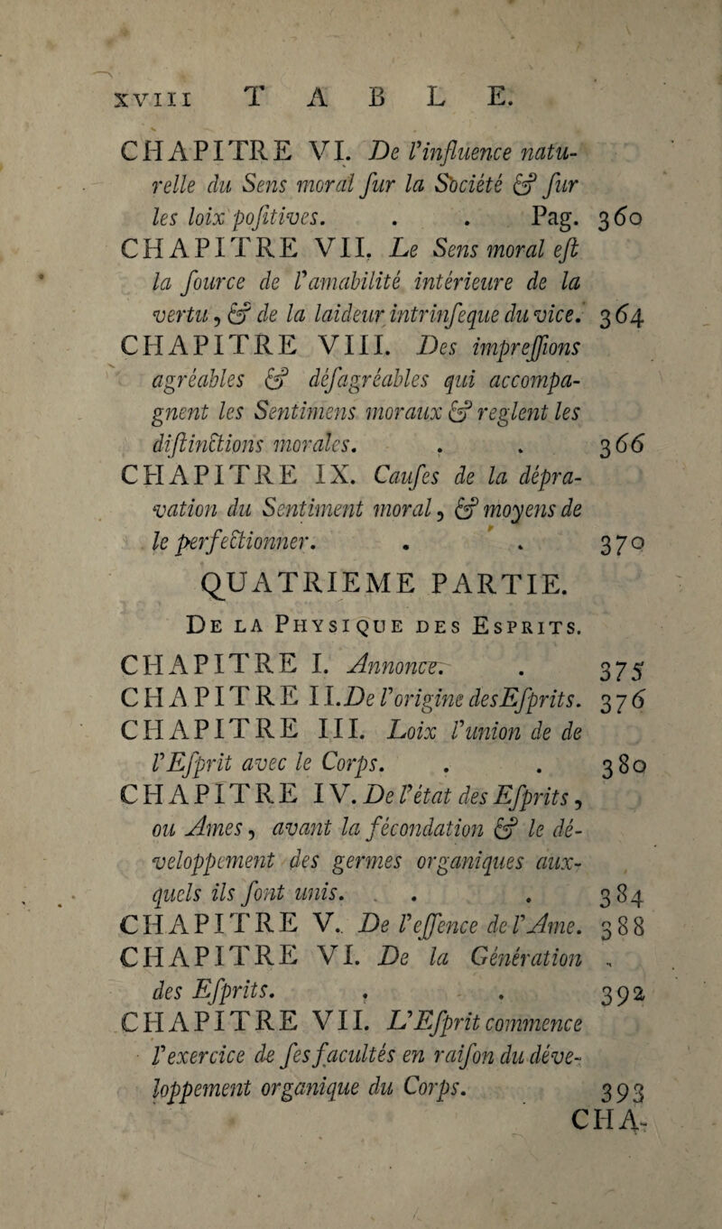 CHAPITRE VI. De l'influence natu¬ relle du Sens moral fur la Société Cf fur les loix pofitives. . . Pag. 360 CHAPITRE VII. Le Sens moral eft la four ce de Famabilité intérieure de la vertu, Cf de la laideur intrmfeque du vice. 3 64 CHAPITRE VIII. Des imprejfwns agréables Cf dèfagréables qui accompa¬ gnent les Seniimens moraux Cf règlent les diftinctions morales. . . 3 66 CHAPITRE IX. Caufes de la dépra¬ vation du Sentiment morale & moyens de le perfectionner. . . 370 QUATRIEME PARTIE. De la Physique des Esprits. CHAPITRE I. Annoner. . 375 CHAPITRE II .De F origine de s Efprit s. 376 CHAPITRE III. Loix F union de de FEfprit avec le Corps. . . 380 CHAPITRE IV. De F état des Efprits, ou Ames, avant la fécondation Cf le dé¬ veloppement des germes organiques aux¬ quels ils font unis. . . 384 CHAPITRE V.. De Feffence de F Ame. 388 CHAPITRE VI. De la Génération . des Efprits. . . 392, CHAPITRE VII. DEfprit commence l'exercice de fes facultés en raifon du déve¬ loppement organique du Corps. 393