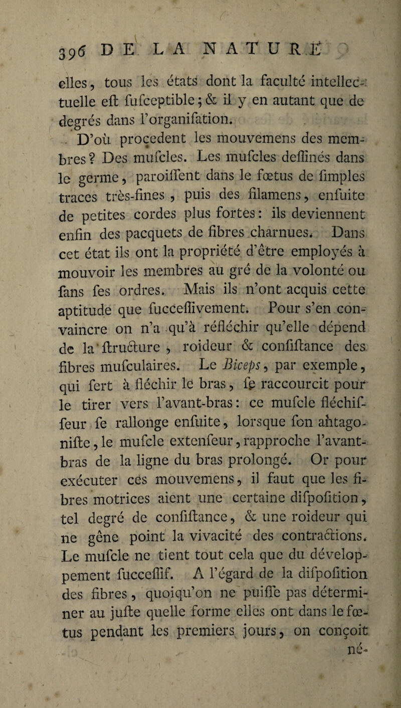 elles, tous les états dont la faculté intellec¬ tuelle eft fufceptible ; & il y en autant que de degrés dans l’organifation. . D’où procedent les mouvemens des mem¬ bres? Des mufcles. Les mufcles deffinés dans le germe, paroiflent dans le fœtus de fimplcs traces très-fines , puis des filamens, enfuite de petites cordes plus fortes : ils deviennent enfin des pacqucts de fibres charnues, Dans cet état ils ont la propriété d’être employés à mouvoir les membres au gré de la volonté ou fans fes ordres. Mais ils n’ont acquis cette aptitude que fucceflivement. Pour s’en con¬ vaincre on n’a qu’à réfléchir qu’elle dépend de la ' ftrufture j roideur & confiflance des fibres mufculaires. Le Biceps, par exemple, qui fert à fléchir le bras, fp raccourcit pour le tirer vers l’avant-bras : ce mufcle fléchif- feur fe rallonge enfuite, lorsque fon ahtago- nilte, le mufcle extenfeur, rapproche l’avant- bras de la ligne du bras prolongé. Or pour exécuter ces mouvemens 5 il faut que les fi¬ bres motrices aient une certaine difpofition, tel degré de confiflance, & une roideur qui ne gêne point la vivacité des contractions. Le mufcle ne tient tout cela que du dévelop¬ pement fucceflif. A l’égard de la difpofition des fibres, quoiqu’on ne puifle pas détermi¬ ner au jufte quelle forme elles ont dans le fœ¬ tus pendant les premiers jours, on conçoit né-