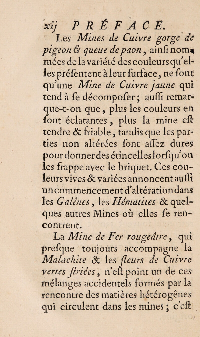 Les Mines de Cuivre gorge dé pigeon & queue de paon, ainfi nom* mées de la variété des couleurs qu’el¬ les préfentent à leur furface, ne font qu’une Mine de Cuivre jaune qui tend à fe décompofer ; auffi remar¬ que-t-on que, plus les couleurs en font éclatantes, plus la mine eft tendre & friable, tandis que les par¬ ties non altérées font allez dures pour donner des étincelieslorfqu’on les frappe avec le briquet. Ces cou¬ leurs vives & variées annoncent aulli un commencement d’altération dans les Galènes, les Hématites & quel¬ ques autres Mines où elles fe ren¬ contrent. La Mine de Fer rougeâtre, qui prefque toujours accompagne la Malachite & les fleurs de Cuivre vertes ftriées, n’ell point un de ces mélanges accidentels formés par la rencontre des matières hétérogènes qui circulent dans les mines ; c’eft