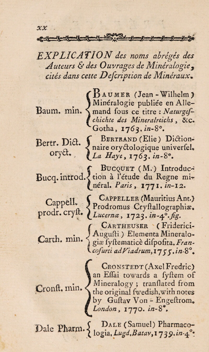 â* Baum. min, EXPLICATION des noms abrégés des Auteurs & des Ouvrages de Minéralogie, cités dans cette Description de Minéraux» B AU mer (Jean-Wilhelm J Minéralogie publiée en Alle¬ mand fous ce titre : Naturgef- chichte des Mincralrtichs 5 &c- Gotha, 176$. in-8°. Bertrand (Elie) Di&ion- naire orybiologique univerfeU La Hayey 1763. i/z-8°. f Bucquet (M.) Introduc- Bucq. iütrod.< tion à Tétude du Régné mi^ l^néral. Paris, I77i.i/z-i2. C Cappeller (Mauritius Ant.) PP ^ < Prodromus Cryftallographiæ» prodr. cryft. \LuCirnX, 1723. Cartheuser ( Friderici- Augufli) Elementa Mineralo- giæ fyftematicè difpofita.Fr^/z- cofurti ad Fia drum, lj $ f,in*8°m Bertr. Di£L orya., Carth. min. Cronft. min. Cronstedt (Axel Fredric) an Efîai towards a fyflem of Mineralogy ; tranflated from the original fwedislwith notes by Guftav Von - Engeftrom* London y 1770. i/2-8®. Daleïtam,|4*“^> Dale (Samuel) Pharmaco- 7 3P_.w-4°t