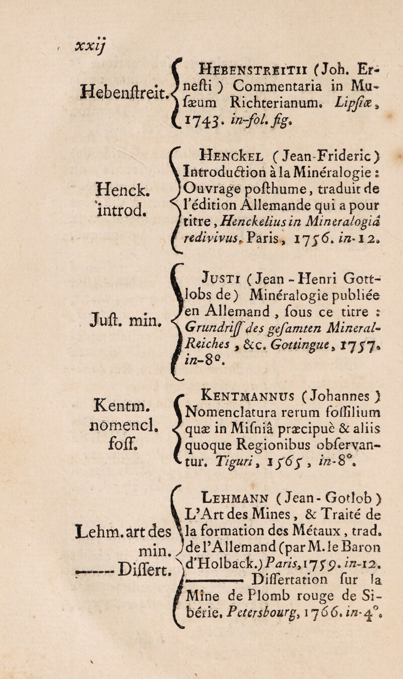 XXI] f Hebenstkeitii (Joh. Er- ) ne^i ) Commentaria in Mu- Jli.WUvlliLl vilt \ r Tl • 1 • T • n jlæum Kichterianum, Lipjiæ* CI743fc in-foL fig* Henck. introd. HENckEL ( Jean-Frideric) Introdudion à la Minéralogie ; Ouvrage pofthume, traduit de l’édition Allemande qui a pour titre, Henckeliusin Miner alogid redivivus* Paris, 17 g <5. in* 12» Juû. min. Justi (Jean-Henri Gott- .lobs de) Minéralogie publiée en Allemand , fous ce titre : Grundrijf des gefamten Minerai- \Reiches , &c. Gottingue* 17^7* i/z-8Q. Kentm. nomencl. foff. y- Kentmannus (Johannes) \Nomenclatura rerum folïilium < quæ in Mifniâ præcipuè & aliis / quoque Regionibus obfervan- v tur* Tiguri % i]6]y ïi2-8°, Lehmann ( Jean-Gotîob ) L’Art des Mines, & Traité de Lehm.art des \la formation des Métaux , trad, de l’Allemand (par M.le Baron d’Holback.) Pari*, 17 y*?. in-12, ■.. - ■ Diflertation fur la Mine de Plomb rouge de Si¬ bérie. Petersbourg, 17 66. in-^°9 min. —-Differt