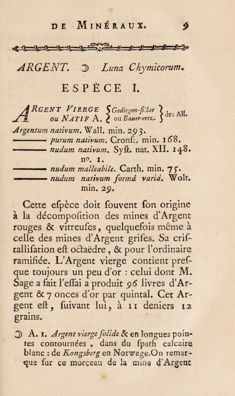ARGENT. 3 Luna Chymicorum. ESPÈCE I. ARgent Vierge $ Gediegen-Jilber ? , jTjL ou Natif A. £ ou Bauer-ertz. 5 e Argentum naùvum. Wall. min. 293. —- purum naùvum. Cronf. min. 168. —1 ■1 nudum naùvum. Syft. nat. XII. I<j8. n°. 1. .- ■ ■■ - nudum malLeabite. Carth. min. 75*. ... nudum naùvum forma varia. Wolt. min. 25). Cette efpèce doit fouvent fon origine à la décompofition des mines d’Argent rouges & vitreufes, quelquefois même à celle des mines d’Argent grifes. Sa crif- tallifation eft oêtaëdre , & pour l’ordinaire ramifiée. L'Argent vierge contient pres¬ que toujours un peu d'or : celui dont M. Sage a fait Teffai a produit 96 livres d’Ar- gent & 7 onces d’or par quintal. Cet Ar¬ gent eft, fuivant lui, à 11 deniers 12. grains. 3 A. r. Argent vierge folide 8c en longues poin¬ tes contournées , dans du fpath calcaire blanc : de Kongsberg en Norwege.On remar¬ que fur ce morceau de la mine d’Argeac