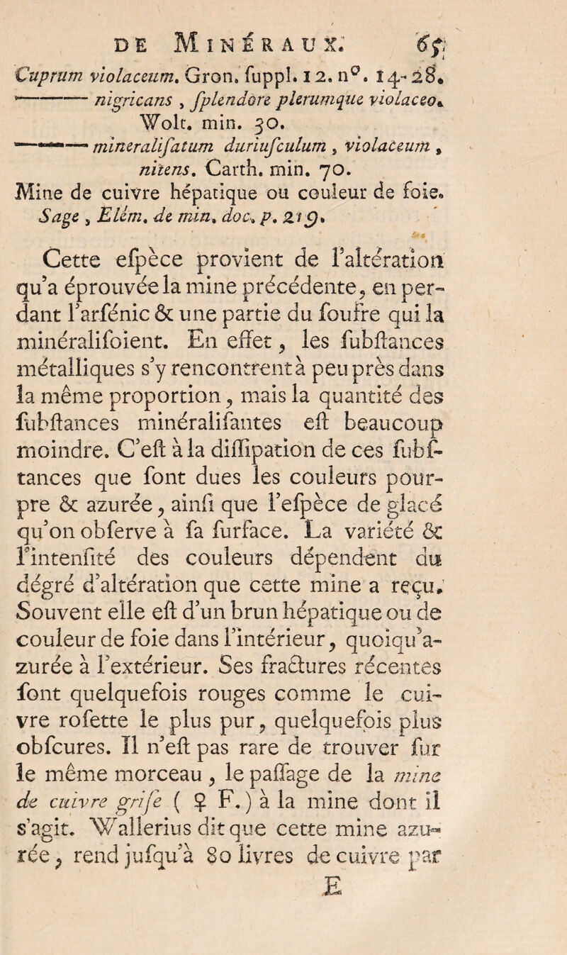 Cuprum vîolaceum. Gron. fuppl. 12. n°. 14-28. *—-- nigricans , fplendore plerumque violacecu Wok. min. 30. ——* mineralifatum duriufculum , violaUum » nitens. Carth. min. 70. Mine de cuivre hépatique ou couleur de foie» Sage , Elém. de min, doc> p. Zi£)> Cette efpèce provient de Faltération qu’a éprouvée la mine précédente, en per¬ dant l’arfénic & une partie du foudre qui la minéralifoient. En effet ? les fubffances métalliques s’y rencontrent à peu près dans la même proportion, mais la quantité des fubffances minéralifantes eft beaucoup moindre. C’eft à la diffipation de ces fubf- tances que font dues les couleurs pour¬ pre & azurée , ainfi que l’efpèce de glacé qu’on obferve à fa furface. La variété & fintenfité des couleurs dépendent dis dégré d’altération que cette mine a reçu» Souvent elle eft d’un brun hépatique ou de couleur de foie dans l’intérieur y quoiquV zurée à l’extérieur. Ses fractures récentes font quelquefois rouges comme le cui¬ vre rofette le plus pur? quelquefois plus obfcures. Il n’eft pas rare de trouver fur le même morceau , le paffage de la mine de cuivre grife ( ? F. ) à la mine dont il s’agit. Wallerius dit que cette mine azu¬ rée P rendjufqu’à 80 livres de cuivre par E