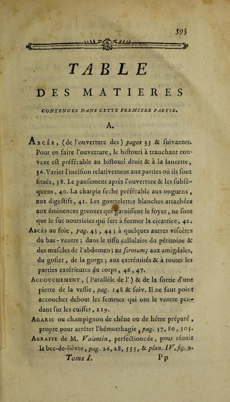 TABLE DES MATIERES Contenues dans Cette première partie. A. Â.BCHS , (de l’ouverture des) pages 35 & fuivantes* Pour en faire l’ouverture, le biftouri à tranchant con¬ vexe eh: préférable au biftouri droit & à la lancette, 36.Varier l’incifion relativement aux parties oti ils font litués, 3 8. Le panfement après l’ouverture & les fubfé-* quens, 40. La charpie feche préférable aux onguens , aux digeftifs, 41. Les gouttelettes blanches attachées aux éminences grenues qui' gai niftent le foyer, ne font que le fuc nourricier qui fert à former la cicatrice, 42* Abcès au foie, pag. 43,44 3 à quelques autres vifcères du bas-ventre 3 dans le tijftu cellulaire du péritoine Sc desmufcles de l’abdomen 3 au fcrotumy aux amigdales, du gofier , de la gorge 3 aux extrémités & à toutes les parties extérieures du corps , 46,47. Accouchement , ( Parallèle de 1’ ) & de la fortie d’une pierre de la veflie, pag. 148 ôc fuiv. Il ne faut point accoucher debout les femmes qui ont le ventre pen¬ dant fur les cuifles, 119. Agaric ou champignon de chêne ou de hêtre préparé , propre pour arrêter l'hémorrhagie 3 pag. 37, 80, 303. Agraeee de M, Valentin, perfectionnée, pour réunit le bec-de-lièvre j pag. z6, i8, 555, & pian. 1T,fîg- Tome I, P P