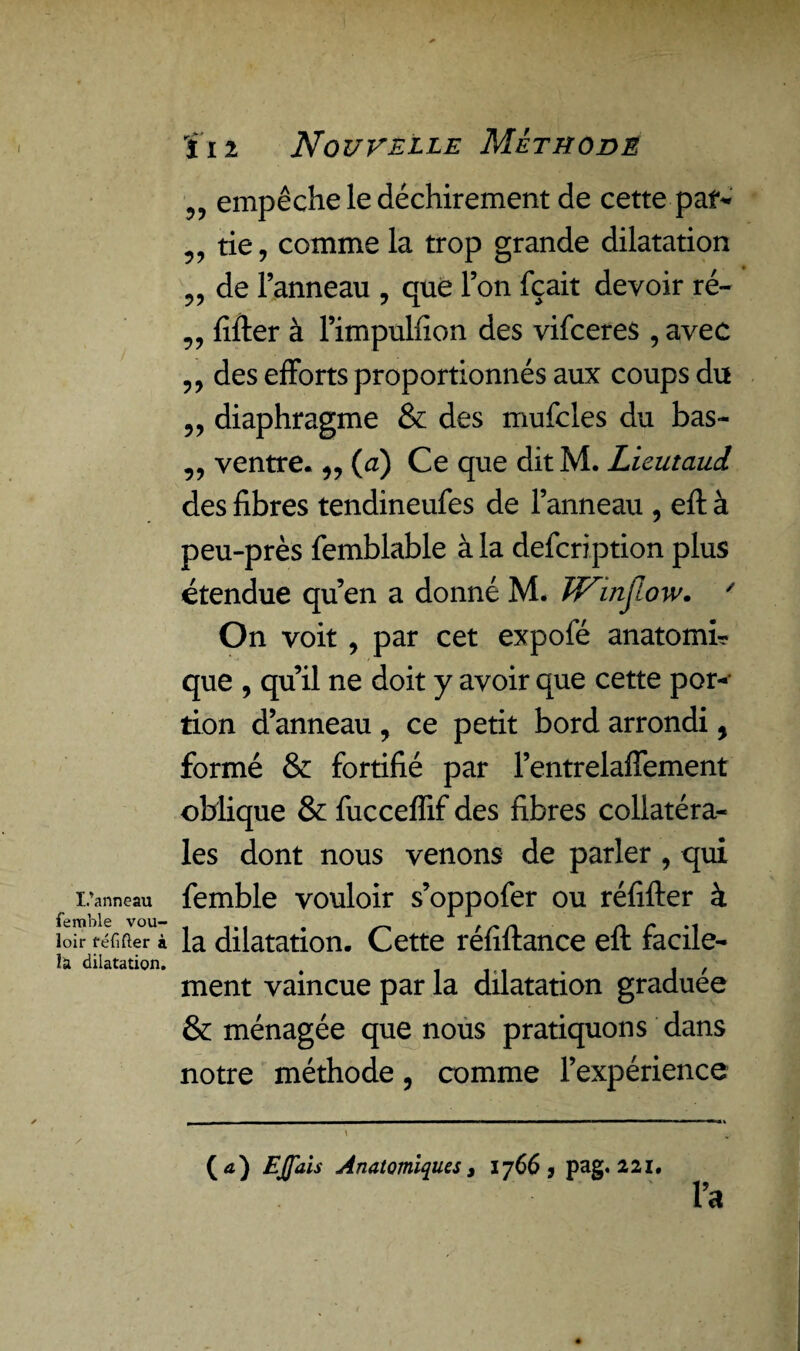 I.’anneau femble vou¬ loir féfifter à la dilatation. f i 2 Nouvelle Méthode empêche le déchirement de cette par- „ tie, comme la trop grande dilatation „ de l’anneau , que l’on fçait devoir ré- „ lifter à l’impullion des vifceres , avec „ des efforts proportionnés aux coups du „ diaphragme & des mulcles du bas- „ ventre. „ (a) Ce que ditM. Licutaud des fibres tendineufes de l’anneau , eft à peu-près femblable à la defcription plus étendue qu’en a donné M. JNinjiow. ' On voit, par cet expofé anatomi? que , qu’il ne doit y avoir que cette por¬ tion d’anneau , ce petit bord arrondi, formé & fortifié par l’entrelaffement oblique & fucceffif des fibres collatéra¬ les dont nous venons de parler , qui femble vouloir s’oppoler ou réfifter à la dilatation. Cette réfiftance eft facile¬ ment vaincue par la dilatation graduée & ménagée que nous pratiquons dans notre méthode, comme l’expérience (a) EJfais Anatomiques, 1766 , pag. 221.