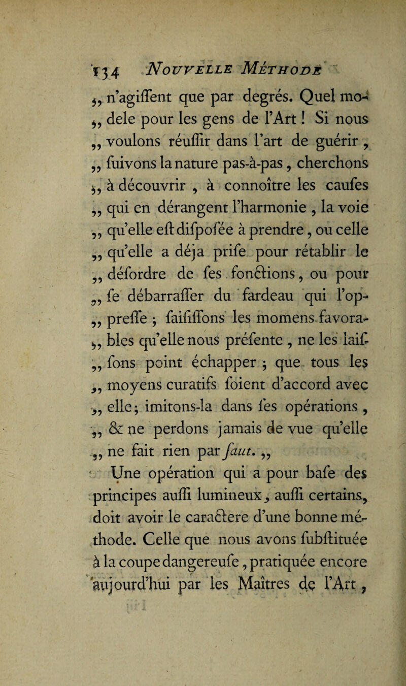 n’agiflent que par degrés. Quel mo^ dele pour les gens de l’Art ! Si nous „ voulons réuffir dans l’art de guérir , ,, fuivons la nature pas-à-pas, cherchons ^ à découvrir , à connoître les caufes ,, qui en dérangent l’harmonie , la voie „ quelle eftdifpofée à prendre, ou celle „ quelle a déjà prife pour rétablir le ,, défordre de fes fondions, ou pour fe débarraffer du fardeau qui l’op- ,, preffe ; faibllons les momens favora- blés quelle nous préfente , ne les lait ,, fons point échapper ; que tous les ,, moyens curatifs foient d’accord avec „ elle; imitons-la dans fes opérations , „ &ne perdons jamais de vue quelle 37 ne fait rien par faut. „ ' Une opération qui a pour bafe des principes auffi lumineux, auffi certains, doit avoir le caraftere d’une bonne mé¬ thode. Celle que nous avons fubftituée à la coupe dangereufe, pratiquée encore 'aujourd’hui par les Maîtres clç l’Art 7