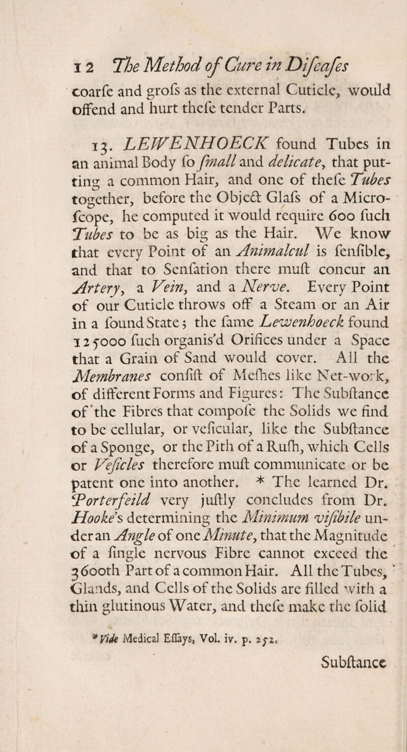 coarfe and grofs as the external Cuticle, would offend and hurt thefe tender Parts. 13. LEIVENHOECK found Tubes in an animal Body fo fmall and delicate^ that put¬ ting a common Hair, and one of thefe Tubes together, before the Objed Glafs of a Micro- fcope, he computed it would require 600 fuch Tubes to be as big as the Hair. We know that every Point of an Antmalcul is fenfiblc, and that to Senfation there mufl: concur an Artery^ a Veiriy and a Nerve, Every Point of our Cuticle throws off a Steam or an Air in a found State 5 the fame Lewenhoeck found 12 yooo fuch organis'd Orifices under a Space that a Grain of Sand would cover. All the Membranes confift of Melhes like Net-work, of different Forms and Figures: The Subftancc of‘the Fibres that conipofe the Solids we find to be cellular, or veficular, like the Subfiance of a Sponge, or the Pith of a Rufh, which Cells or Vejicles therefore mufl communicate or be patent one into another. * The learned Dr. Torterfeild very juftly concludes from Dr. Hooke's determining the Minimum vifibile un¬ der an Angle of oncMinute, that the Magnitude of a fingle nervous Fibre cannot exceed the 3 600th Part of a common Hair. All the Tubes, ^ Glands, and Cells of the Solids are filled with a thin glutinous Water, and thefe make the folid ^Vidi Medical EfTays, Vol. iv. p. 2/2. Subftance