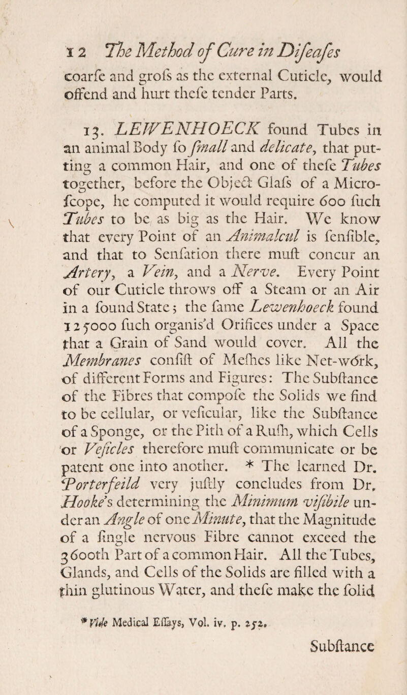 coarfe and grofs as the external Cuticle, would offend and hurt thefe tender Parts. 13. LEW ENHOECK found Tubes in an animal Body fo fmall and delicate, that put¬ ting a common Hair, and one of thefe Tubes together, before the Objed Glafs of a Micro- fcope, he computed it would require 600 fuch Tubes to be as big as the Hair. We know that every Point of an Animalcul is fenfible, and that to Senfation there muft concur an Artery, a Vein, and a Nerve. Every Point of our Cuticle throws off a Steam or an Air in a found State 5 the fame Lewenhoeck found 12 yooo fuch organis'd Orifices under a Space that a Grain of Sand would cover. All the Membranes confift of Mefhes like Net-wdrk, of different Forms and Figures: The Subftance of the Fibres that compofe the Solids we find to be cellular, or vehicular, like the Subftance of a Sponge, or the Pith of a Rufh, which Cells or Vejicles therefore muft communicate or be patent one into another. * The learned Dr. Tort erfeild very juftly concludes from Di\ Hooke’s determining the Minimum vifibile un¬ der an Angle of one Minute, that the Magnitude of a Jingle nervous Fibre cannot exceed the 3 600th Part of a common Hair. All the Tubes. Glands, and Cells of the Solids are filled with a thin glutinous Water, and thefe make the folid *VUe Medical Ellays, Vol. iv. p. zfz, Subftance